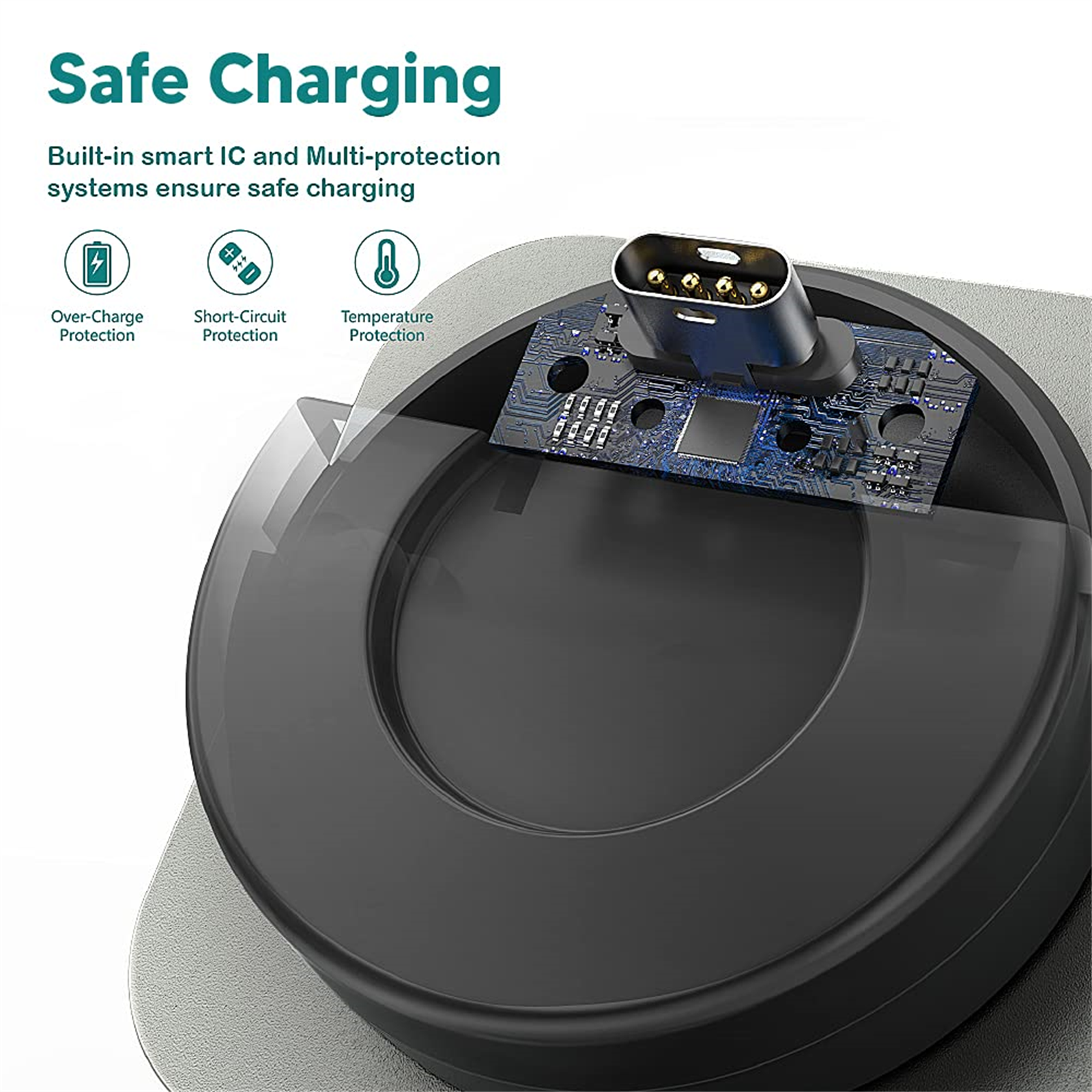 Eine schwarze Ladestation mit USB-C-Anschluss. Sie verfügt über Überladungs-, Kurzschluss- und Temperaturschutz.