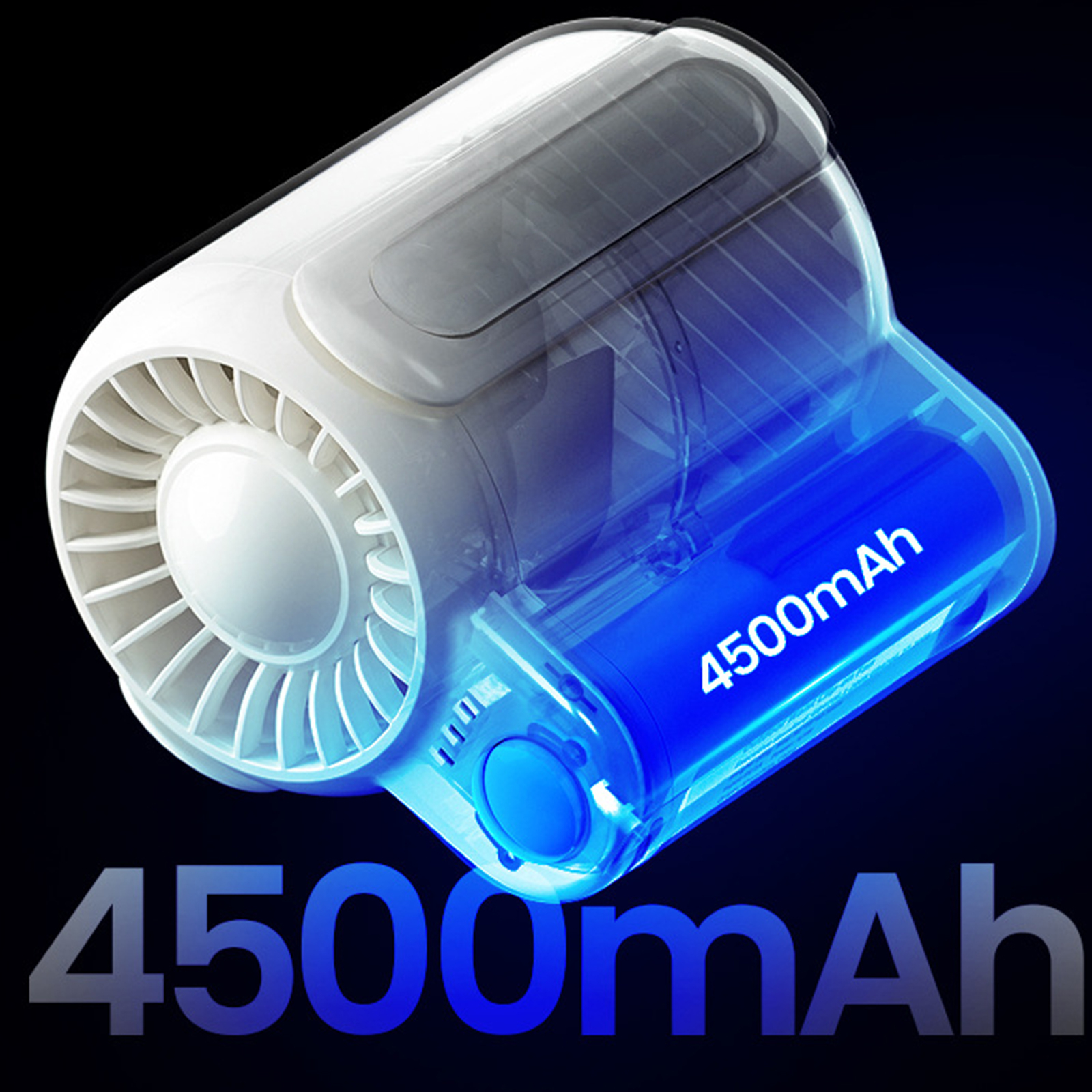 Ein Querschnitt eines weißen und blauen Ventilators mit einer blauen Batterie und dem Text "4500mAh".