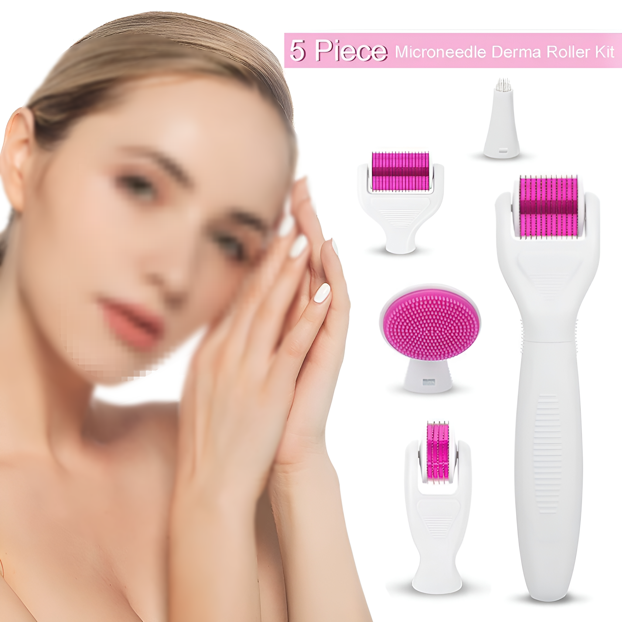 Verschwommenes Gesicht einer Frau, zeigt Derma-Roller-Kit mit verschiedenen Aufsätzen.