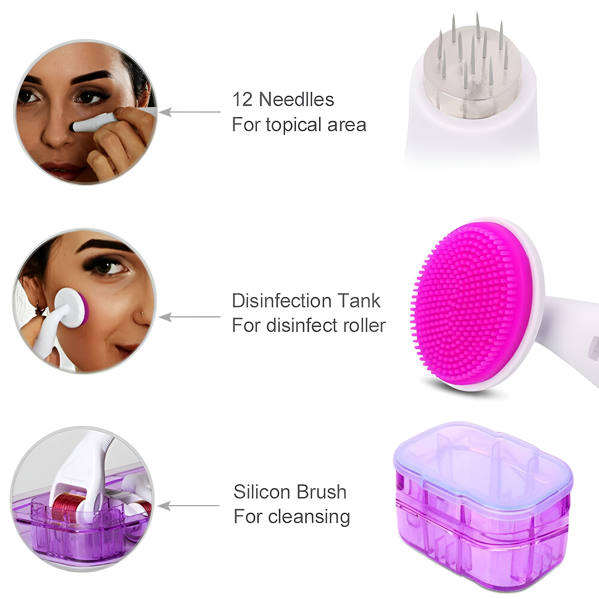 Nahaufnahme eines Beauty-Tools mit Nadeln und einer Silikonbürste zur Hautpflege.