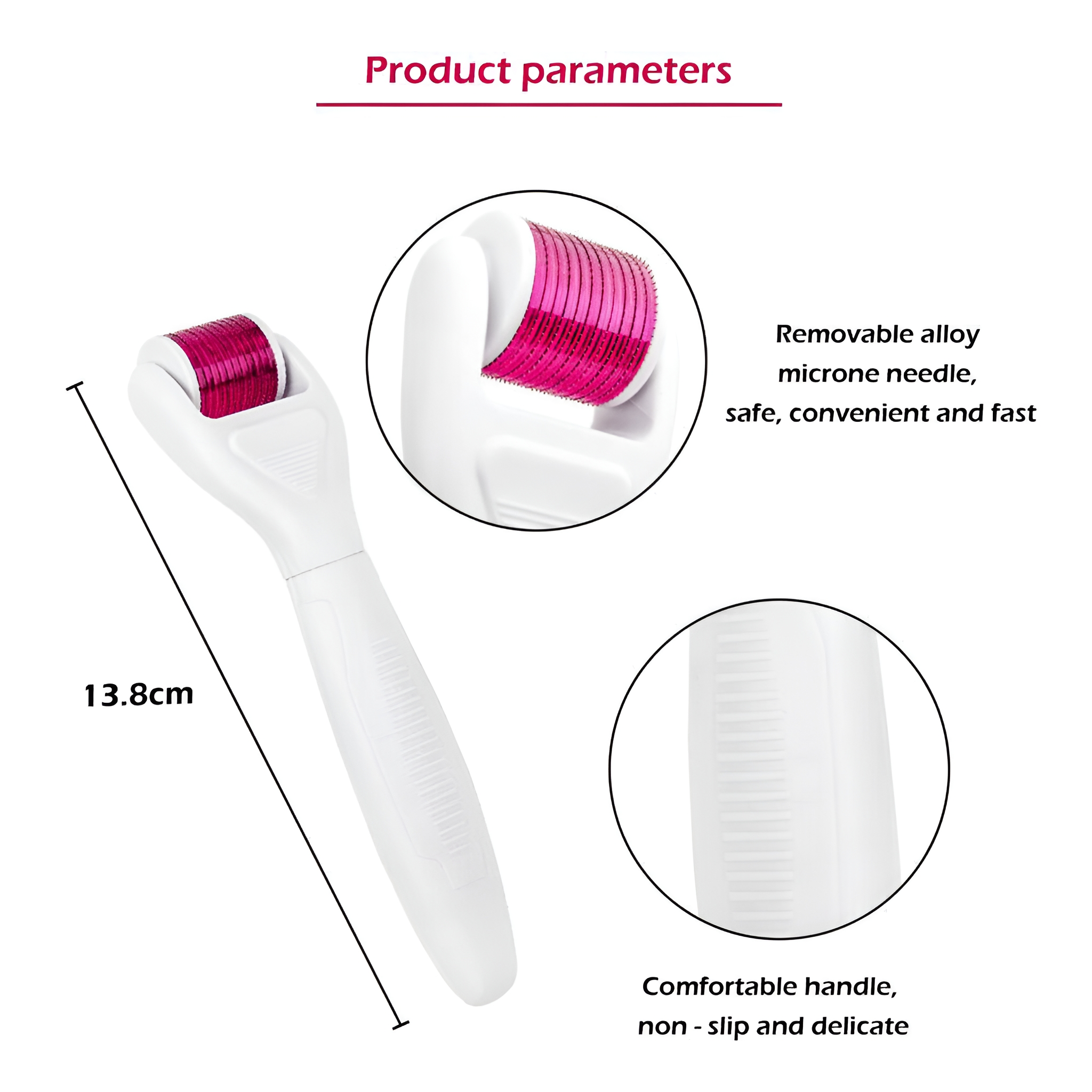 Weißer Skin Roller mit einem rosa Mikronadelroller am Ende. Griff ist weiß. 13,8 cm lang.