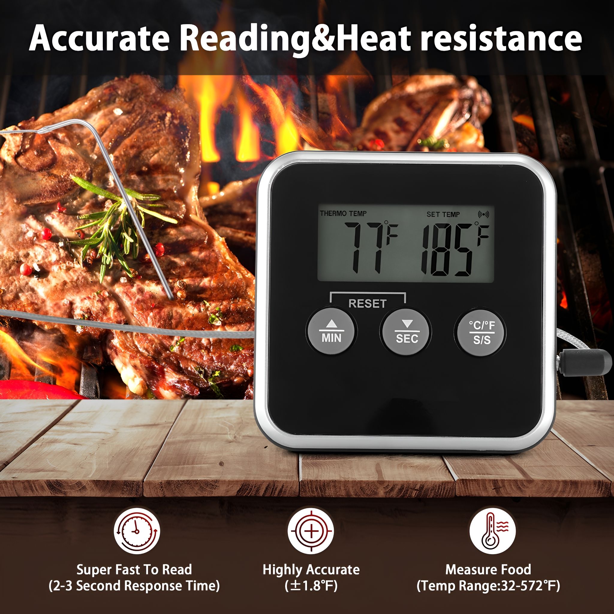 Ein digitales Thermometer mit Essen auf einem Grill, zeigt Temperaturanzeigen und Knöpfe.