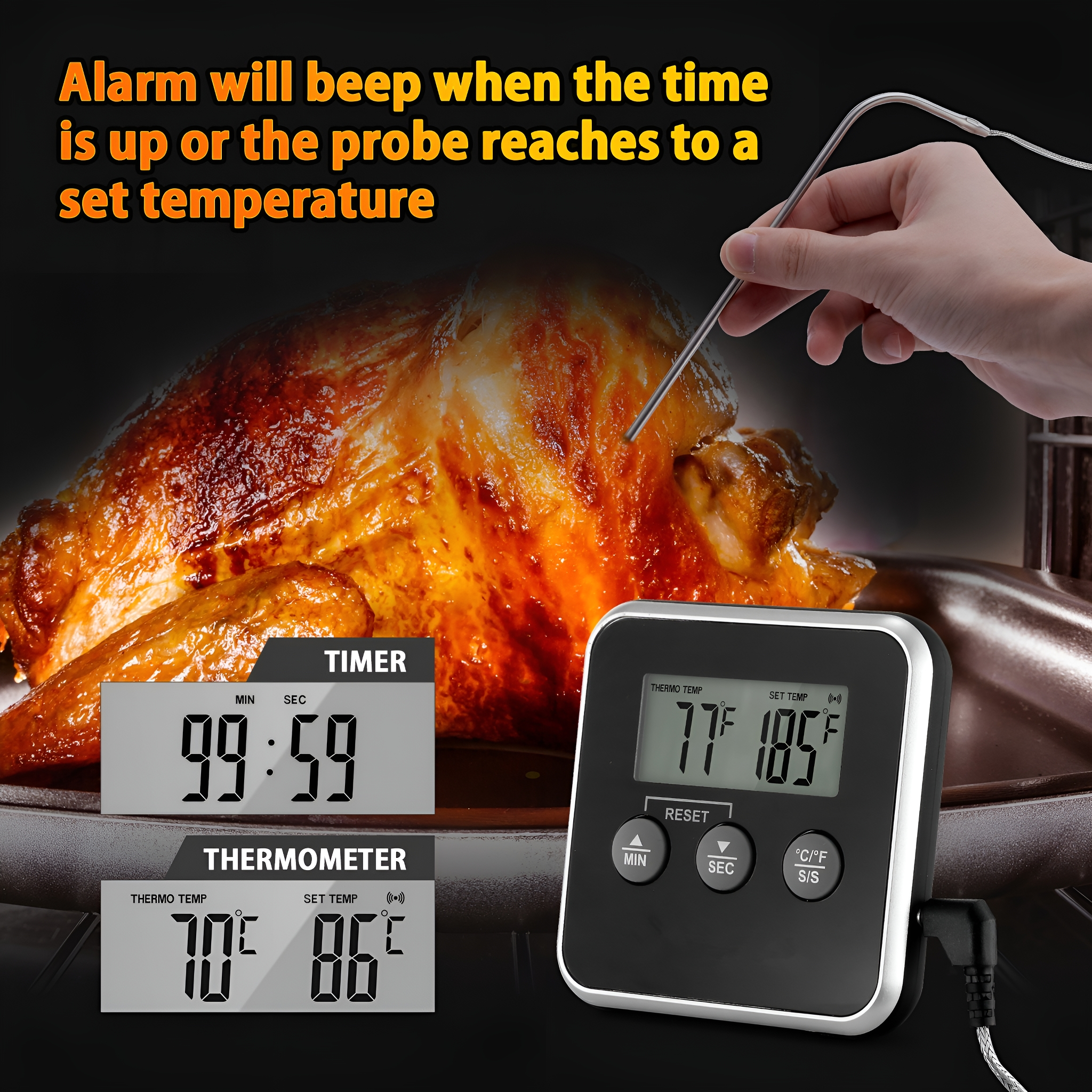 Ein digitales Thermometer zeigt Zeit und Temperatur neben einem gebratenen Truthahn, mit eingelegter Sonde.