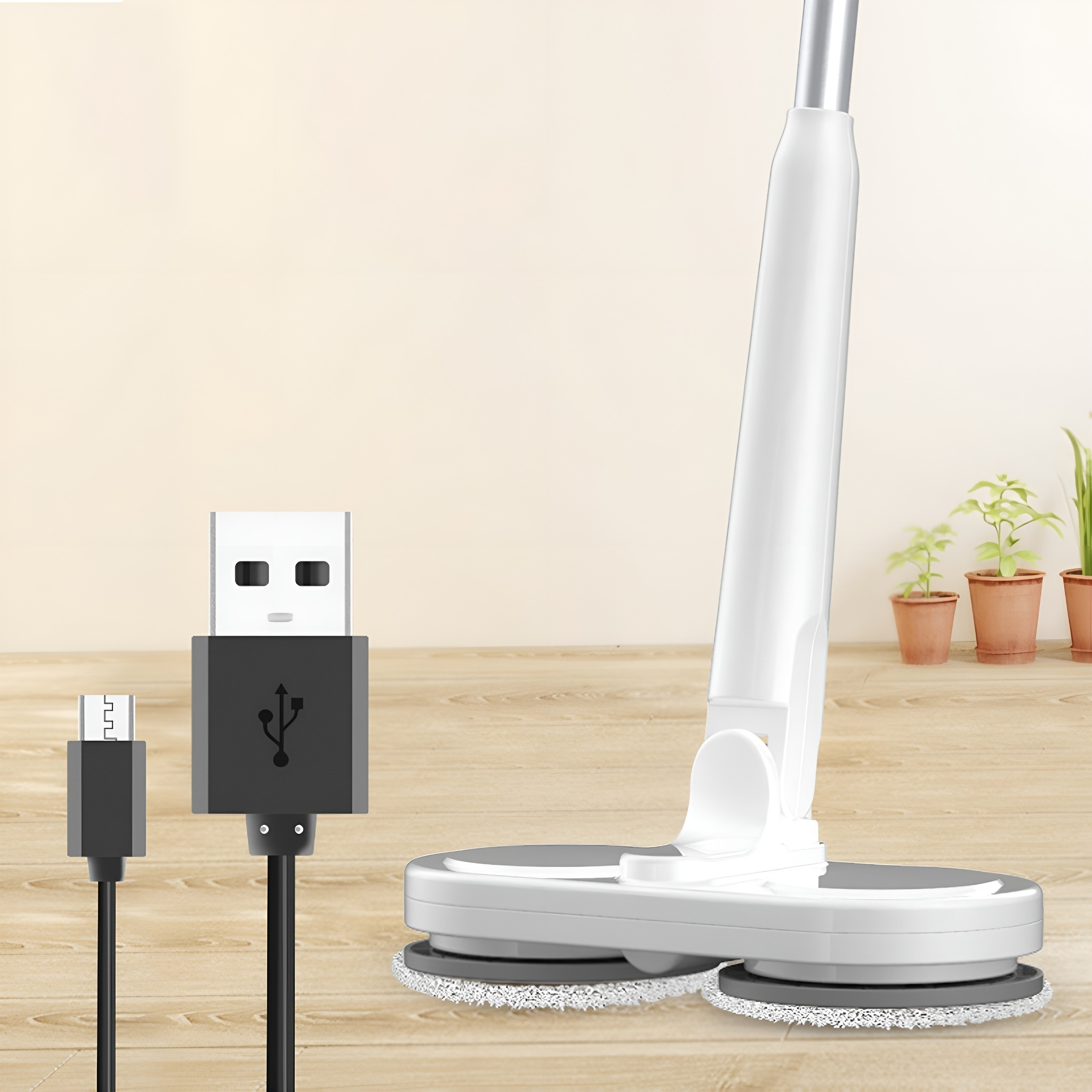 USB-Kabel an einem Reinigungsgerät angeschlossen, mit Pflanzen im Hintergrund.