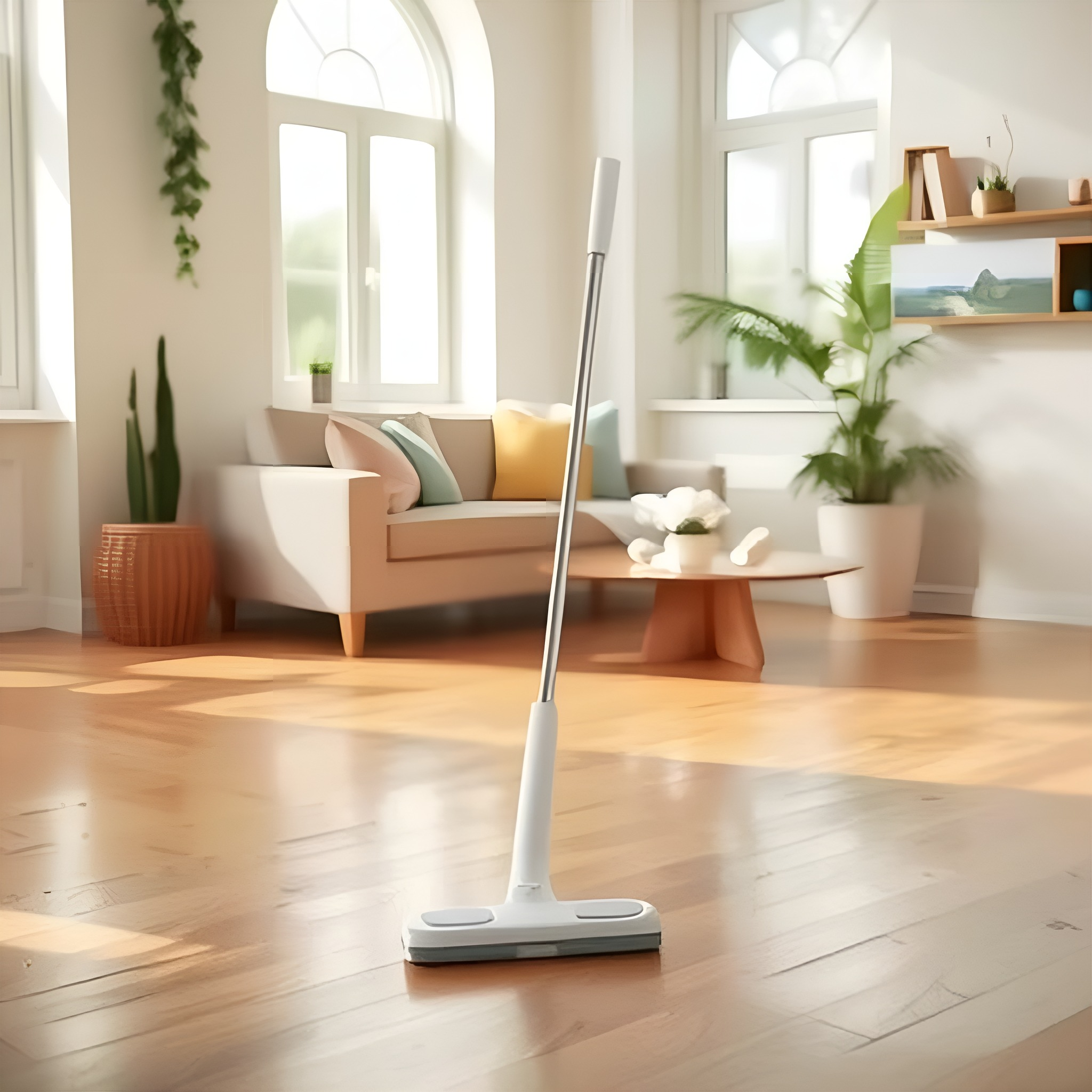 Ein weißer Mopp steht auf einem Holzboden in einem modernen Wohnzimmer mit Tageslicht und einem Sofa.