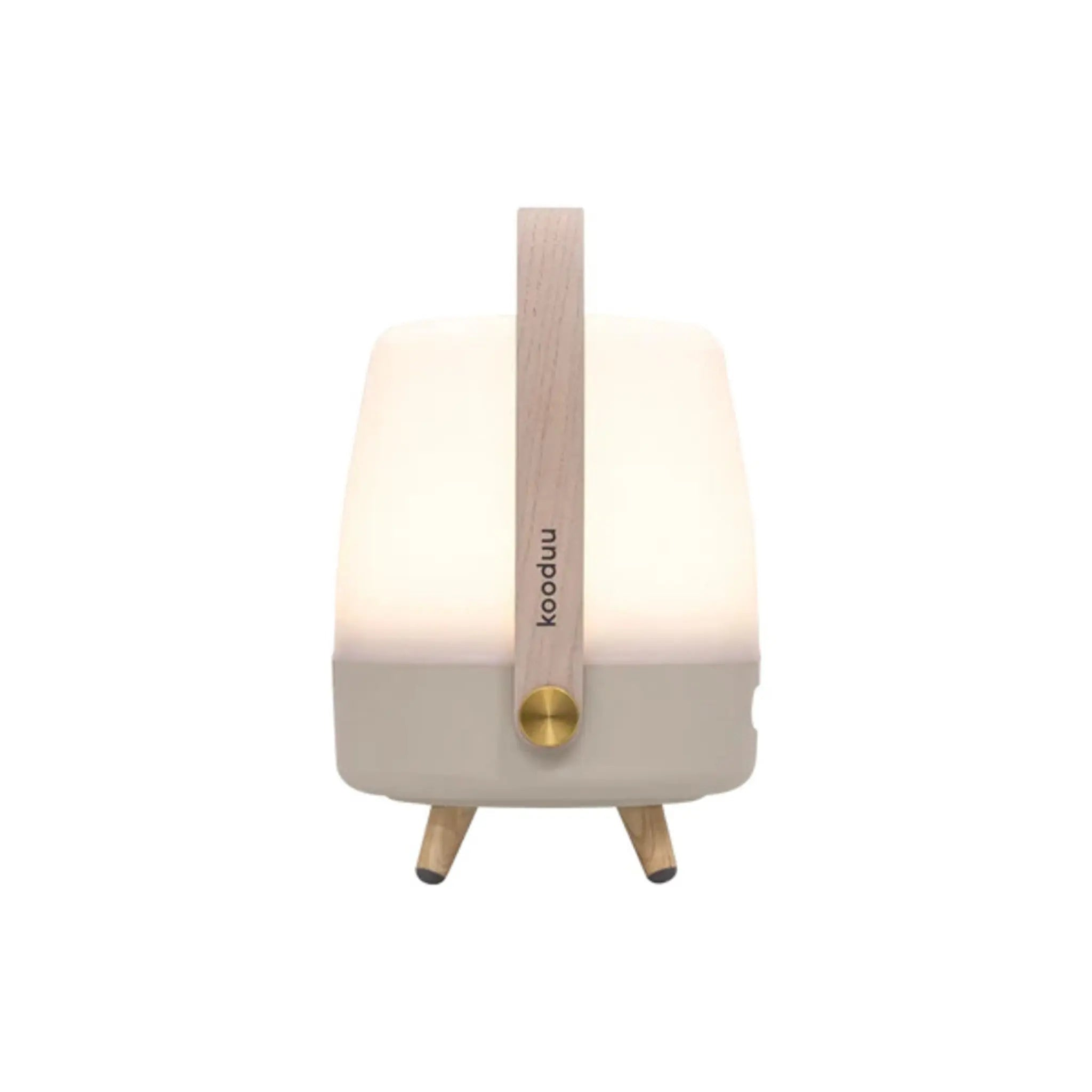 Eine weiße und beige Lampe mit einem Holzgriff.