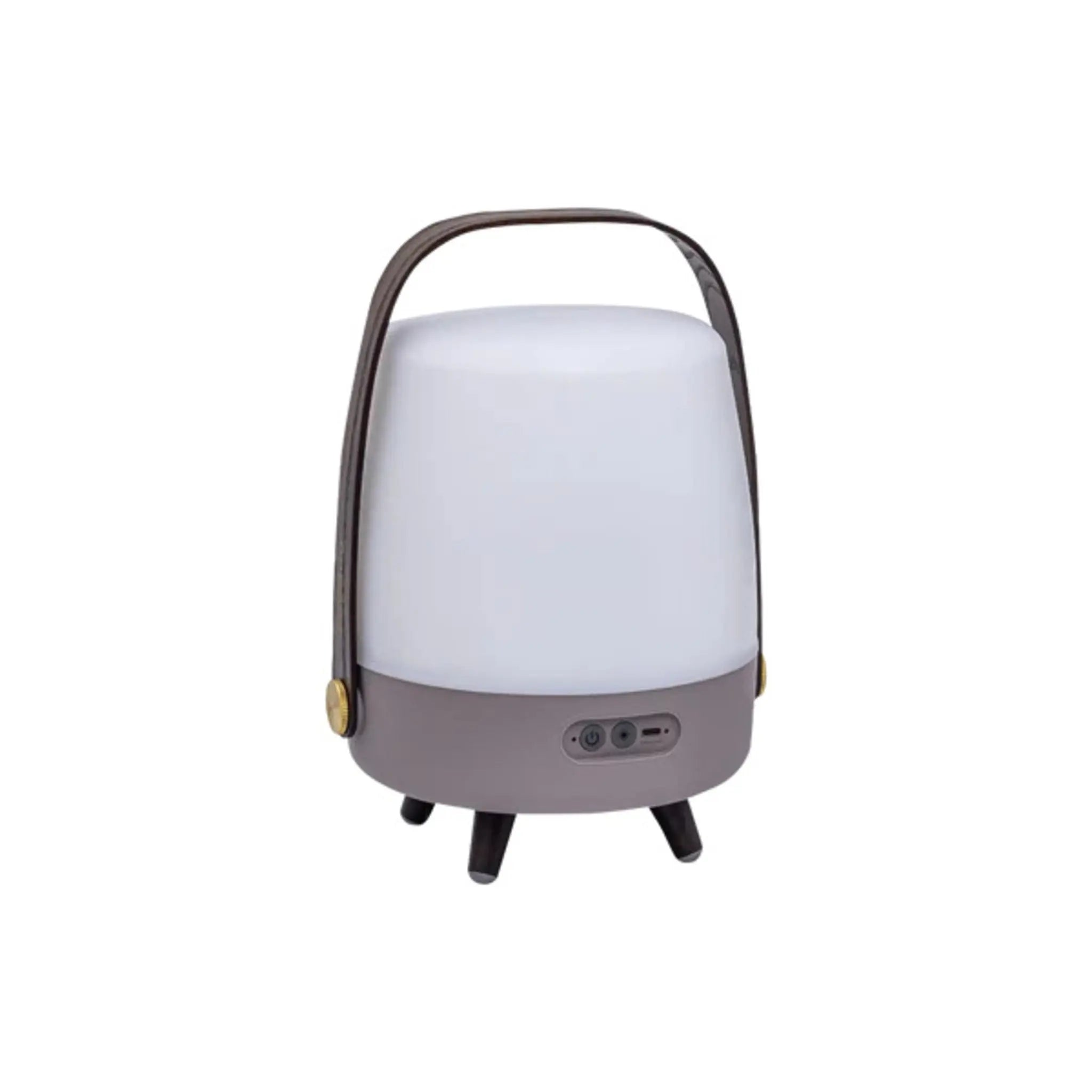 Eine weiß-graue tragbare Lampe mit Griff. Sie hat Knöpfe an der Basis.