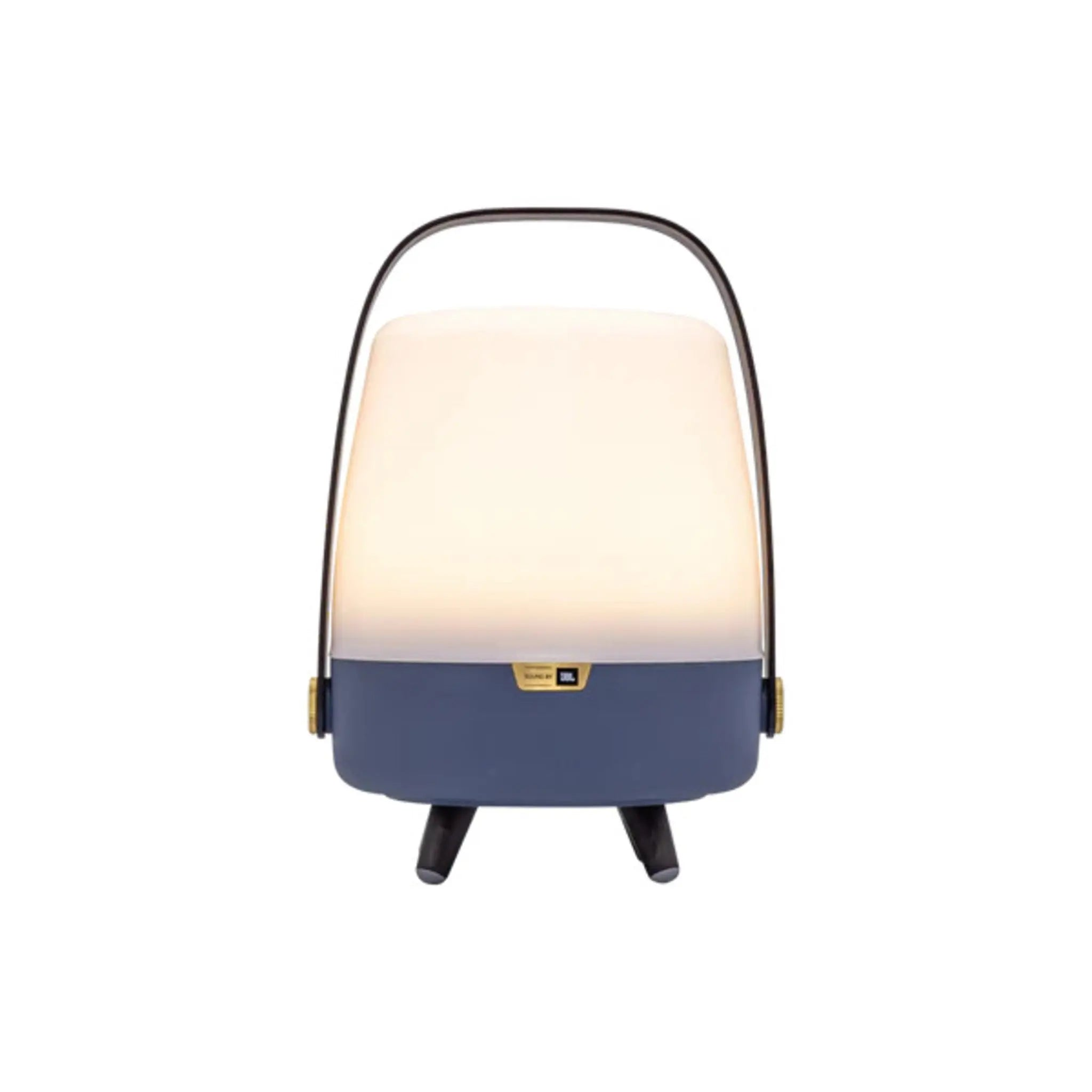 Eine blau-weiße Lampe mit Griff und einem Sockel mit Beinen. Isoliert auf Weiß.