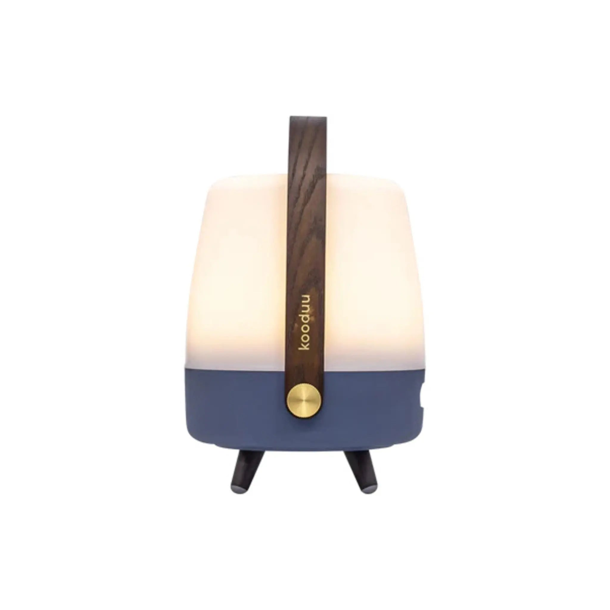Eine blau-weiße Lampe mit Holzgriff und Beinen.