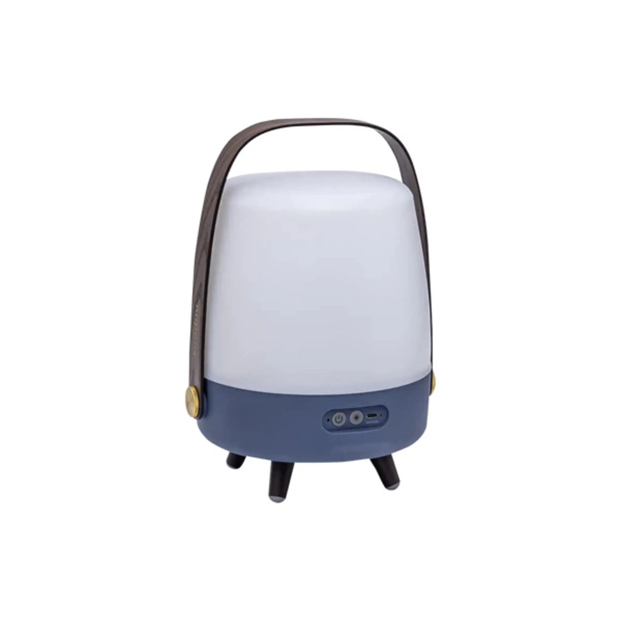 Weiß-blaue Lampe mit Griff und drei kleinen Beinen. Weißer Hintergrund.