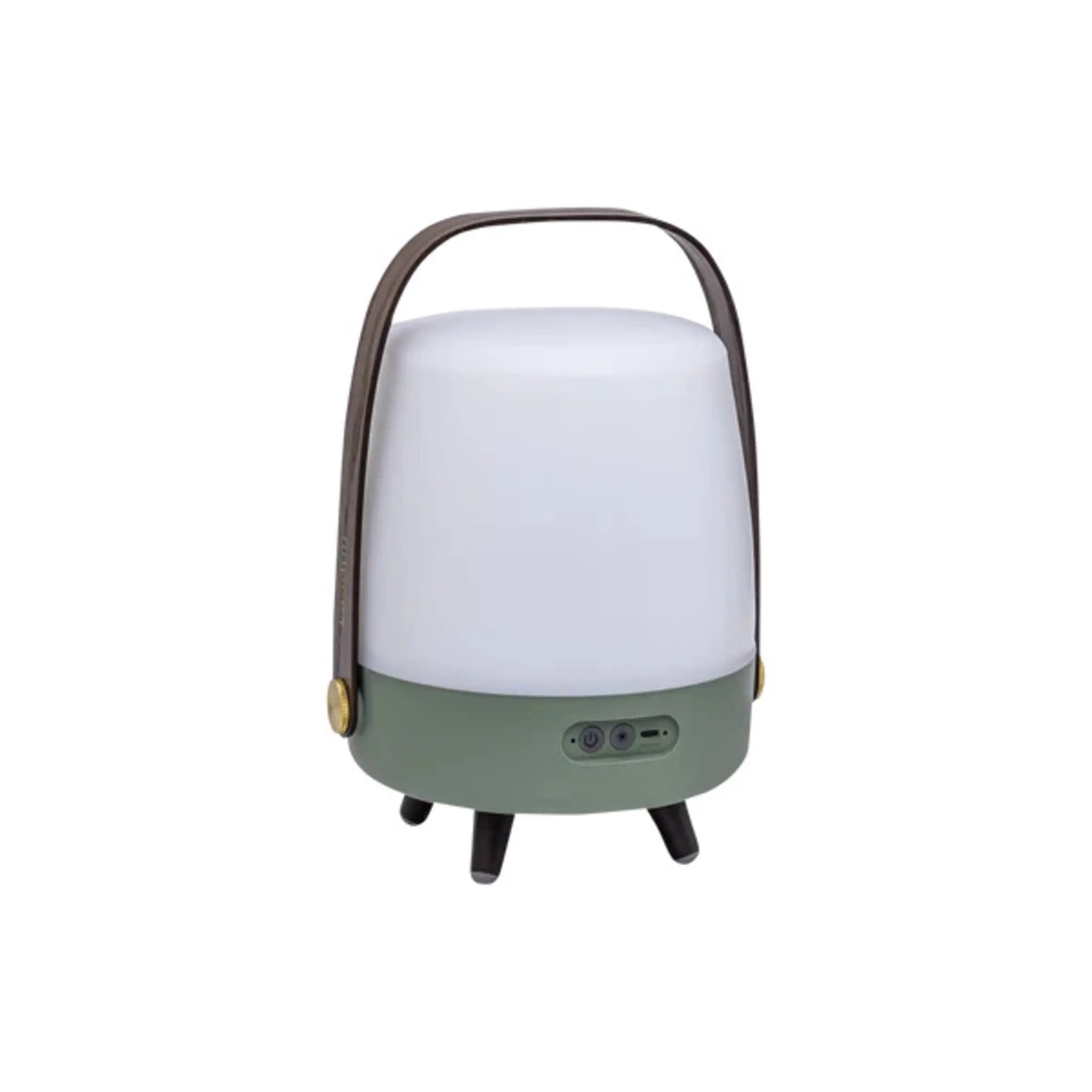 Weiße und grüne Lampe mit braunem Griff auf weißem Hintergrund.