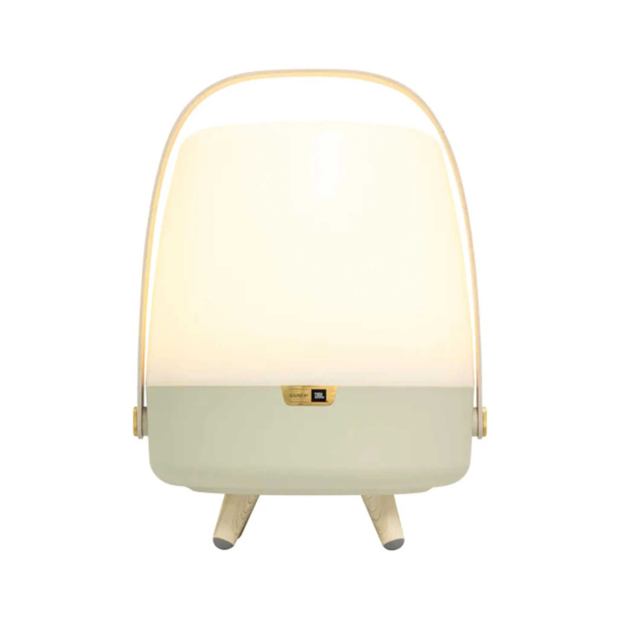 Eine weiße und grüne Lampe mit einem Griff. Die Lampe steht auf weißem Hintergrund mit JBL-Logo unten.