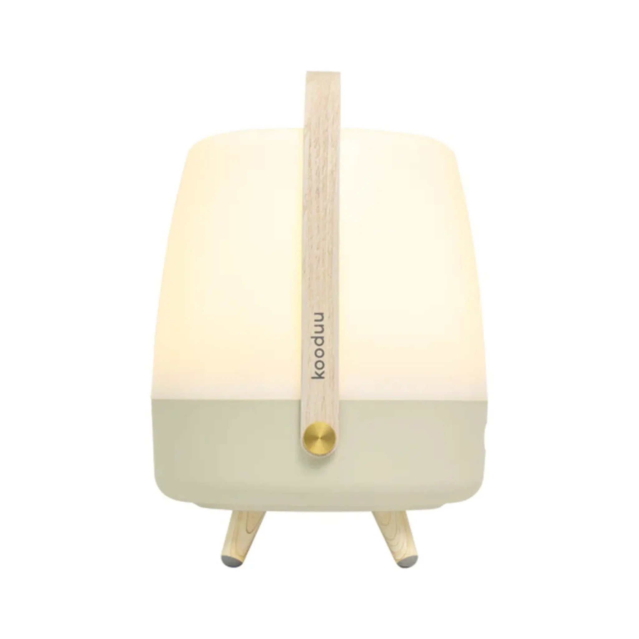 Weiße und hellgrüne Lampe mit Holzgriff. Die Lampe hat einen abgerundeten oberen und quadratischen Sockel.