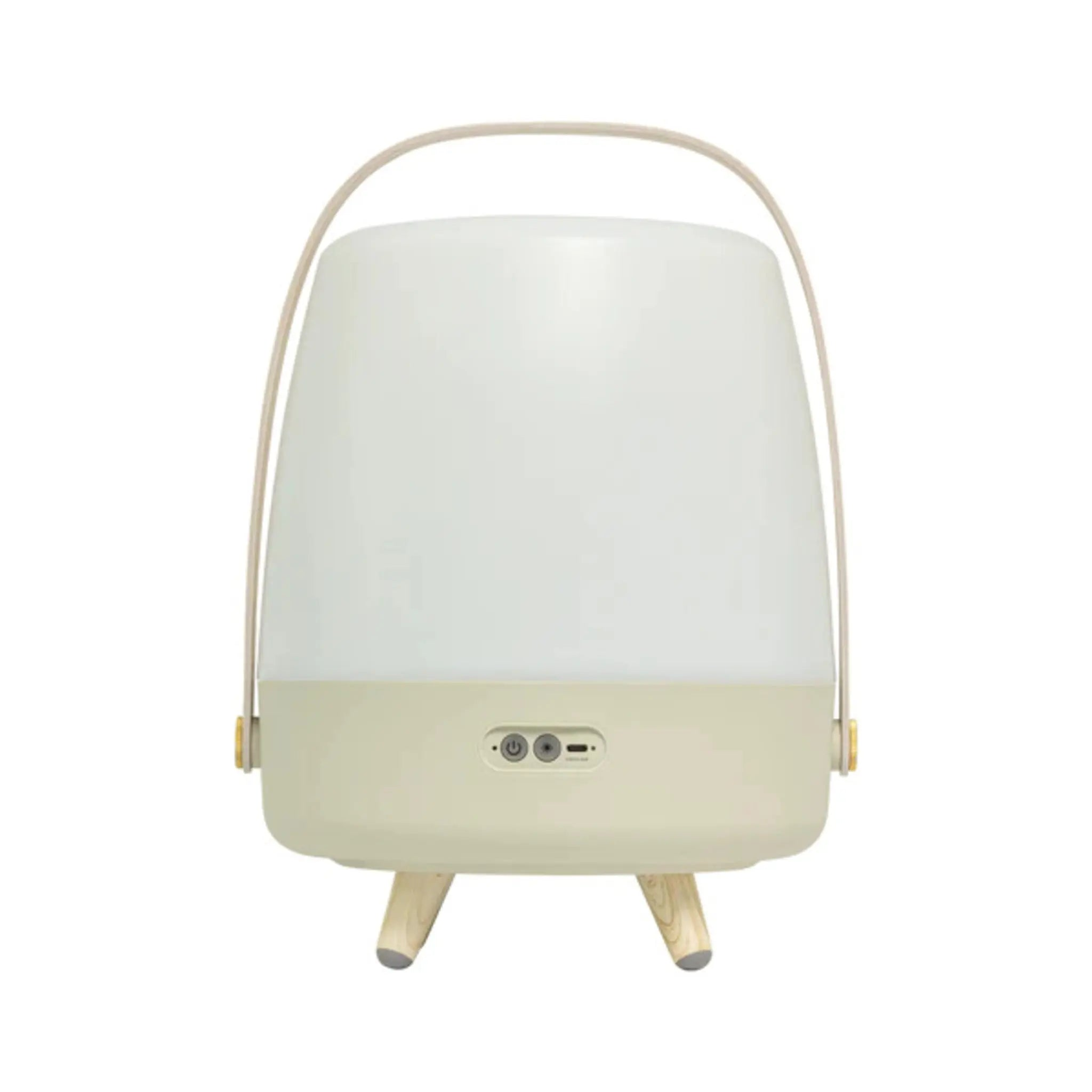 Eine weiße und beige Lampe mit Griff und Holzbeinen. Sie hat zwei Knöpfe und einen USB-Anschluss.