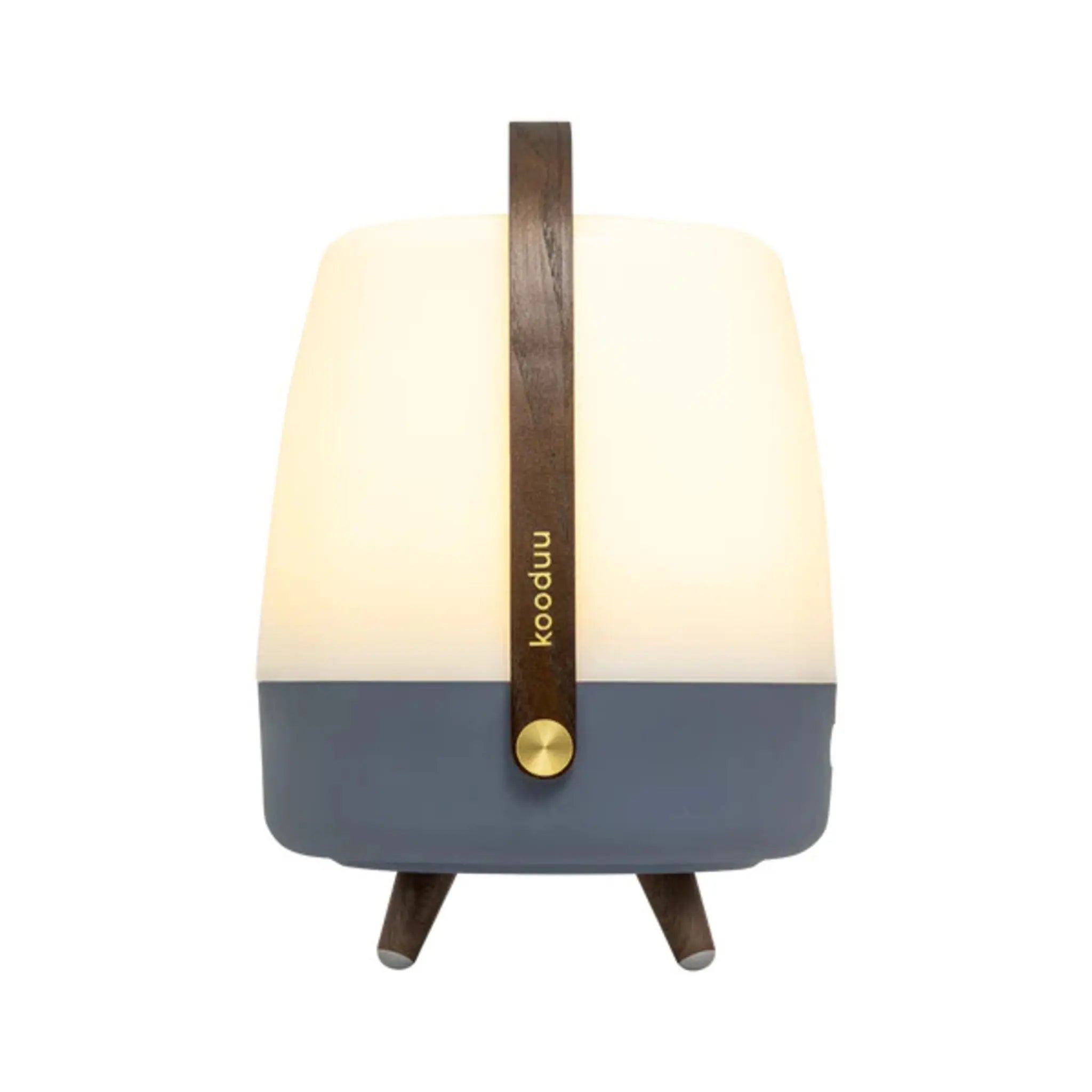 Eine weiße und graue Lampe mit Holzgriff und Beinen, mit dem Markennamen 'kooduu'.