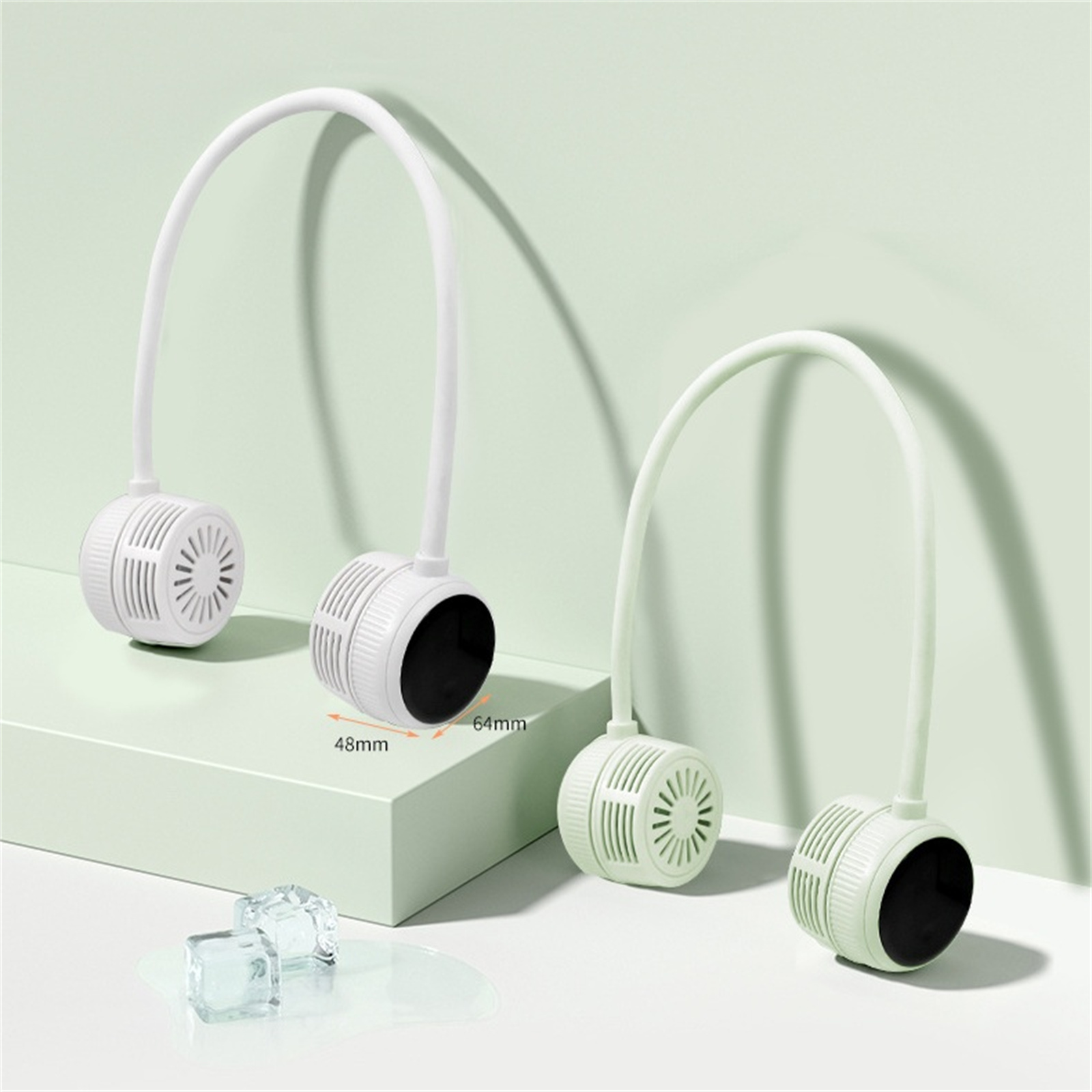 Zwei weiße Nackenventilatoren mit grünem Hintergrund. Abmessungen: 48 mm x 64 mm werden angezeigt.
