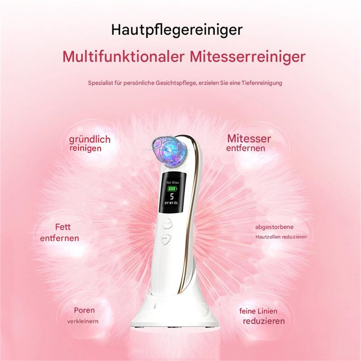 Weißes Schönheitsgerät mit Display, rosa Hintergrund und Text über Hautpflege.