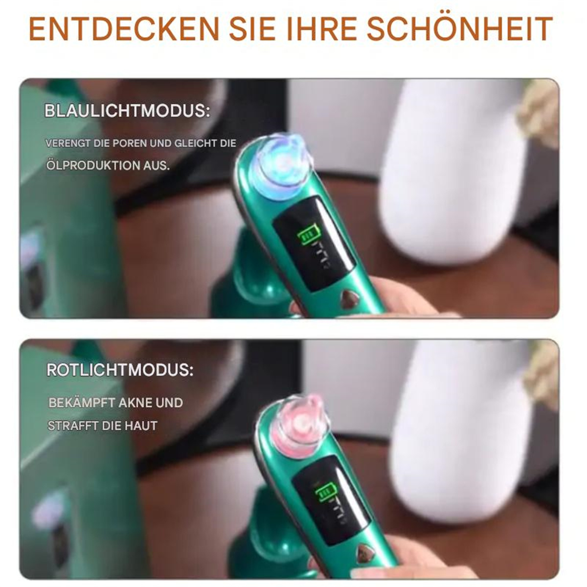Grüner und schwarzer Gesichtsreiniger mit blauem und rosa Lichtmodus, in der Hand gehalten.