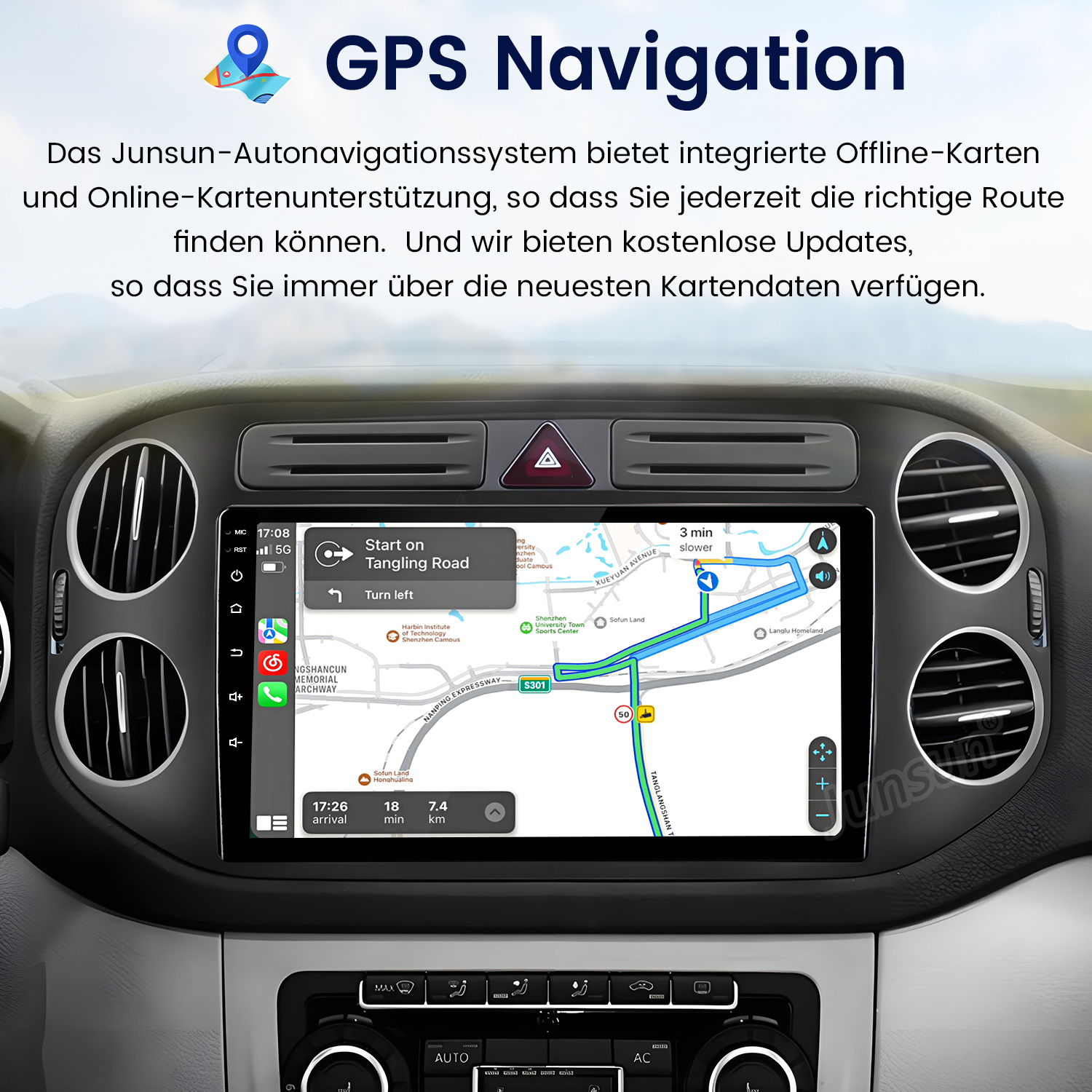 Ekran deski rozdzielczej wyświetlający mapę z nawigacją GPS i informacjami o trasie.