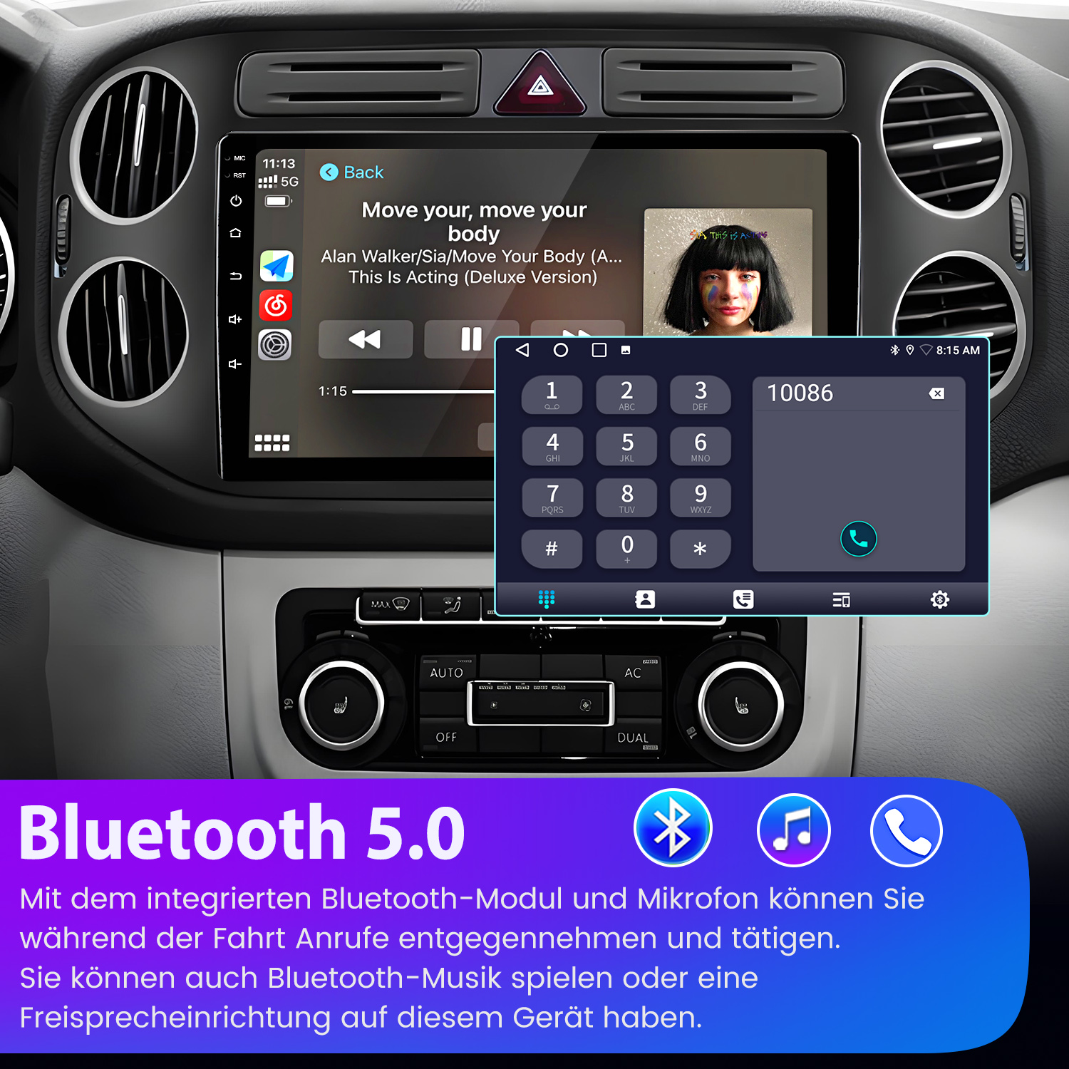 Ekran informacyjno-rozrywkowy w samochodzie wyświetlający muzykę i dialer ze szczegółami Bluetooth 5.0.