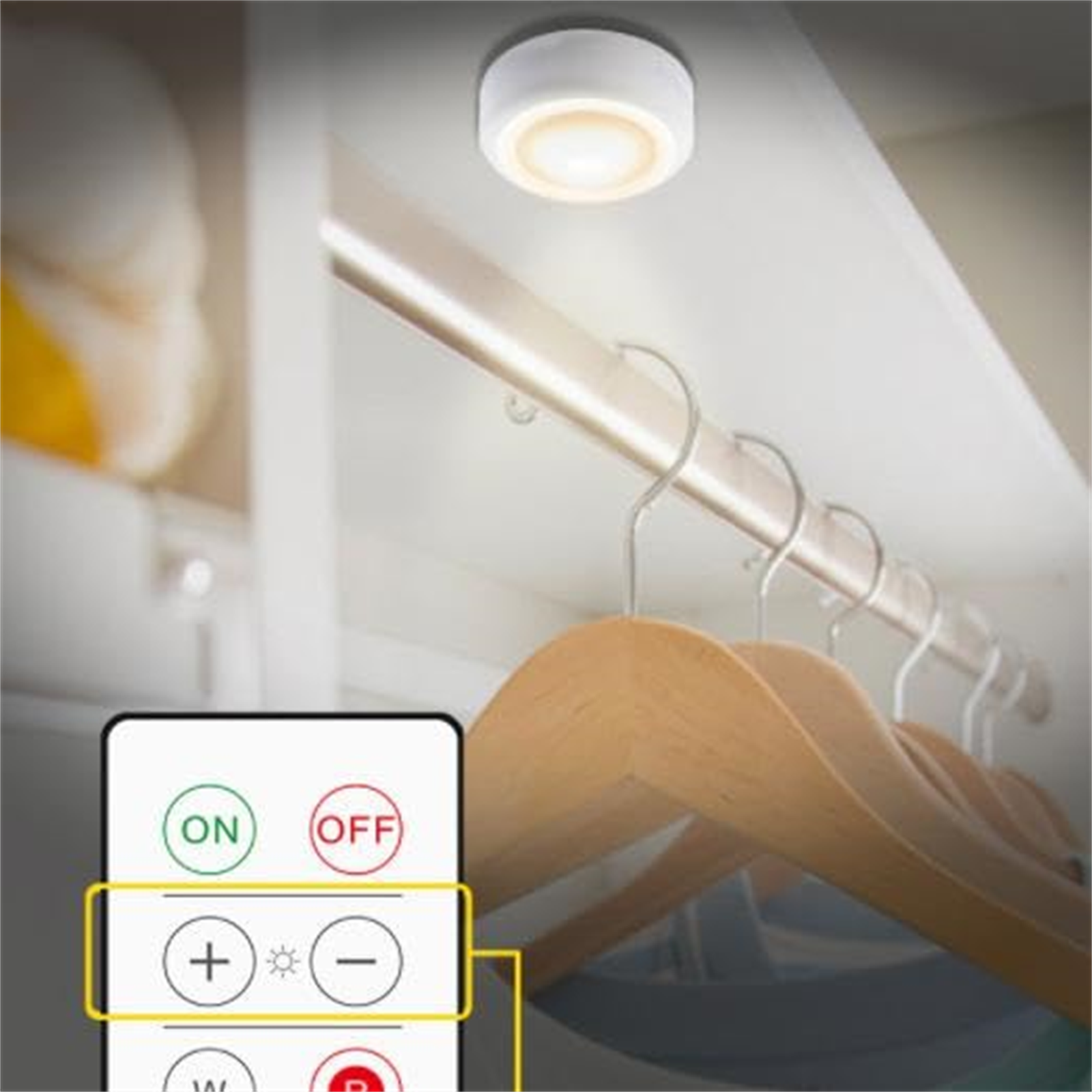 Eine weiße LED-Leuchte in einem Schrank mit einer Fernbedienung, die Ein/Aus- und Helligkeitsoptionen zeigt.