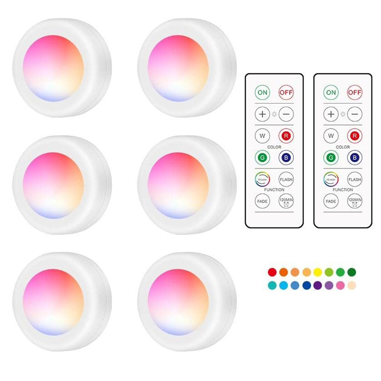 Sechs weiße runde LED-Leuchten und zwei Fernbedienungen mit Tasten zur Anpassung von Farbe und Funktionen.