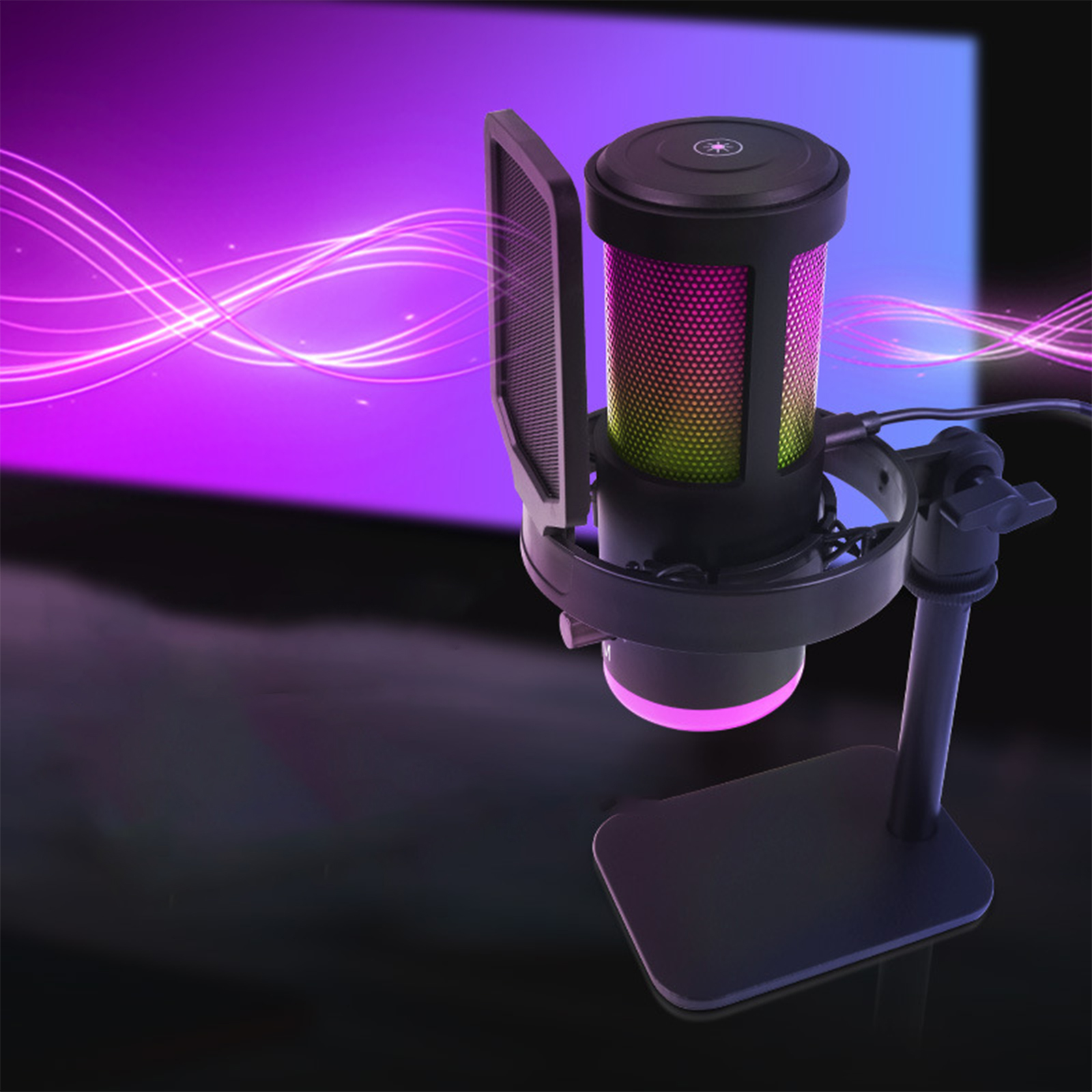Mikrofon mit Pop-Filter, eingeschaltetem Licht und Ständer. Hintergrund ist ein lila Farbverlauf.