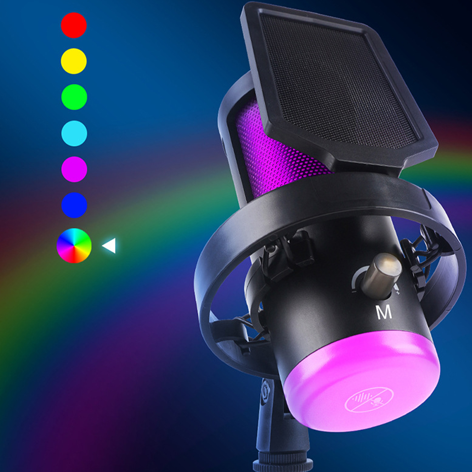 Ein schwarzes Mikrofon mit pinkfarbener Basis und Pop-Filter, beleuchtet von bunten Lichtern.