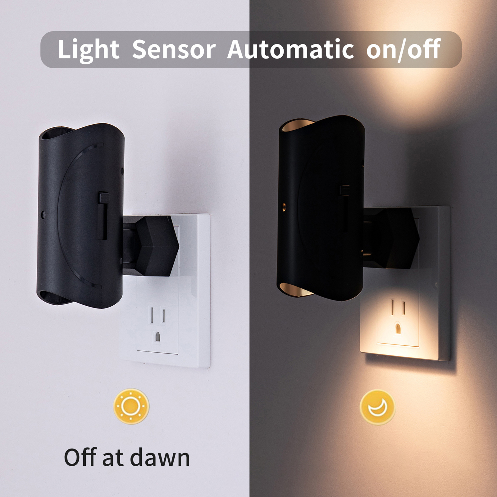 Zwei Wandleuchten, eine an und eine aus, mit Text zum Lichtsensor.