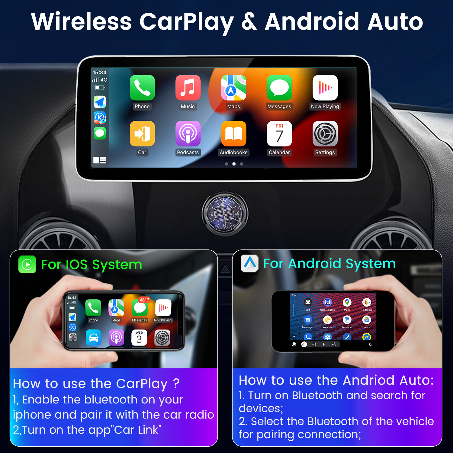 Ekran CarPlay z aplikacjami. Poniżej dwa telefony wyświetlają instrukcje konfiguracji Carplay i Android Auto.