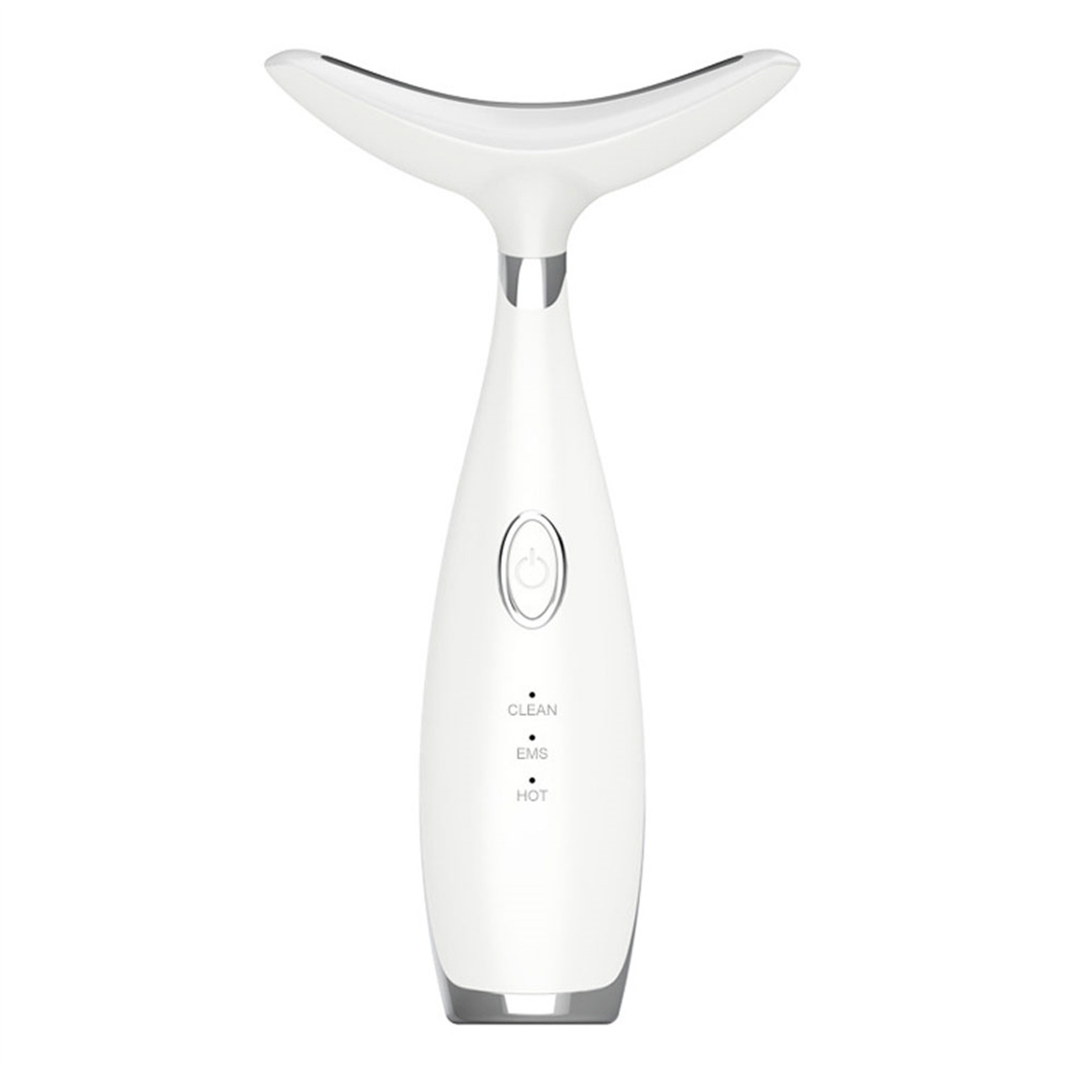 Ein weißes Nackenmassagegerät. Es hat ein geschwungenes Design und Knöpfe mit der Aufschrift 'CLEAN', 'EMS' und 'HOT'.