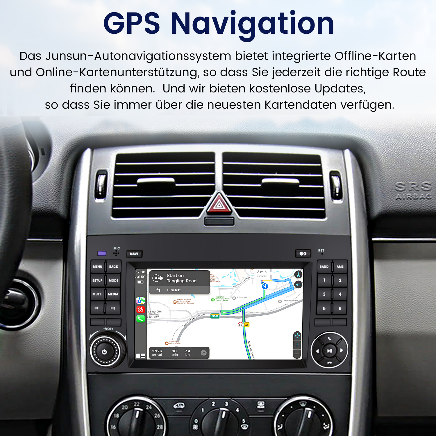 Ein Armaturenbrett eines Autos mit einem Navigationssystem auf dem Bildschirm.