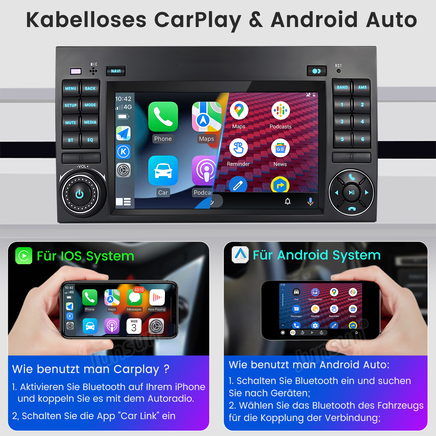 Carplay/Android Auto Bildschirm mit Telefon- und Autoverbindungsanweisungen.