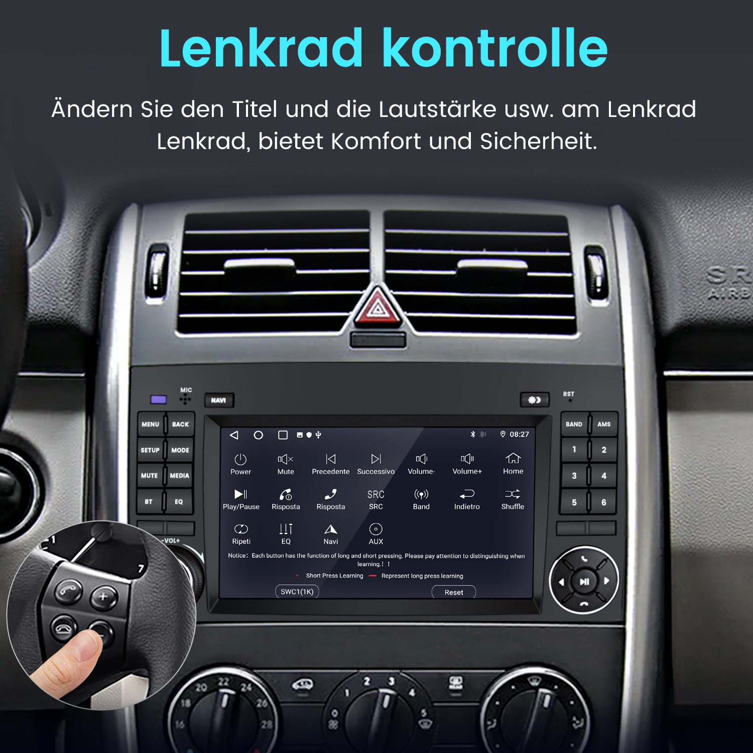 Armaturenbrett eines Autos mit einem Bildschirm, der Bedienelemente anzeigt, und einer Hand am Lenkrad.