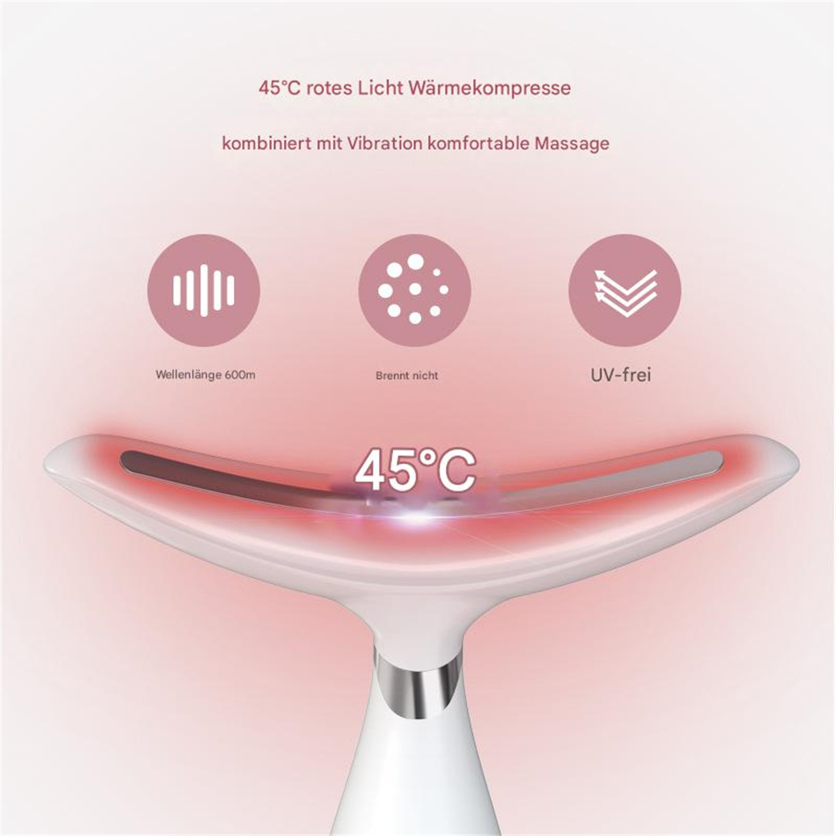 Ein weißes Nackenmassagegerät mit rotem Licht und Temperaturanzeige 45°C und drei Funktionssymbolen.