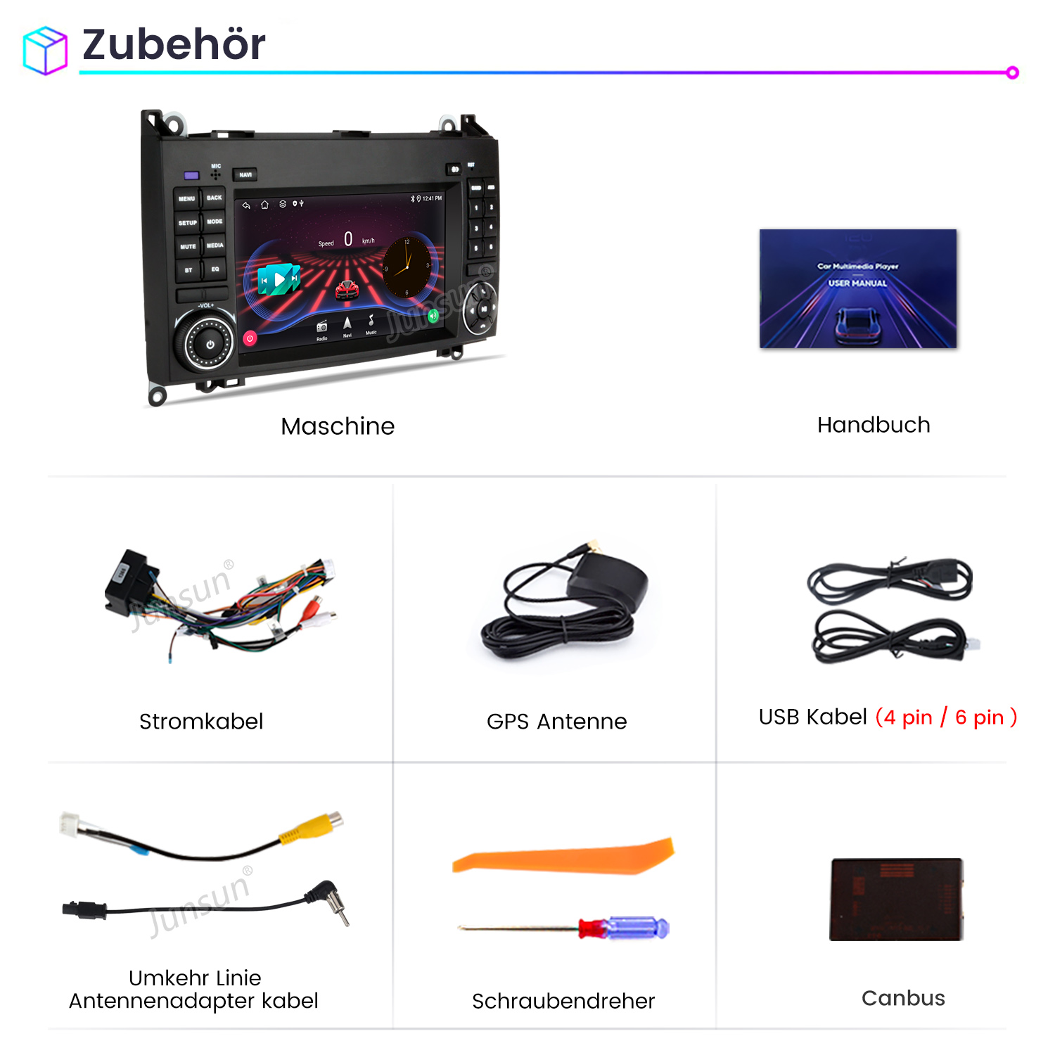 Auto-Multimedia-System-Display mit Zubehör, einschließlich Kabeln und Schraubendreher.