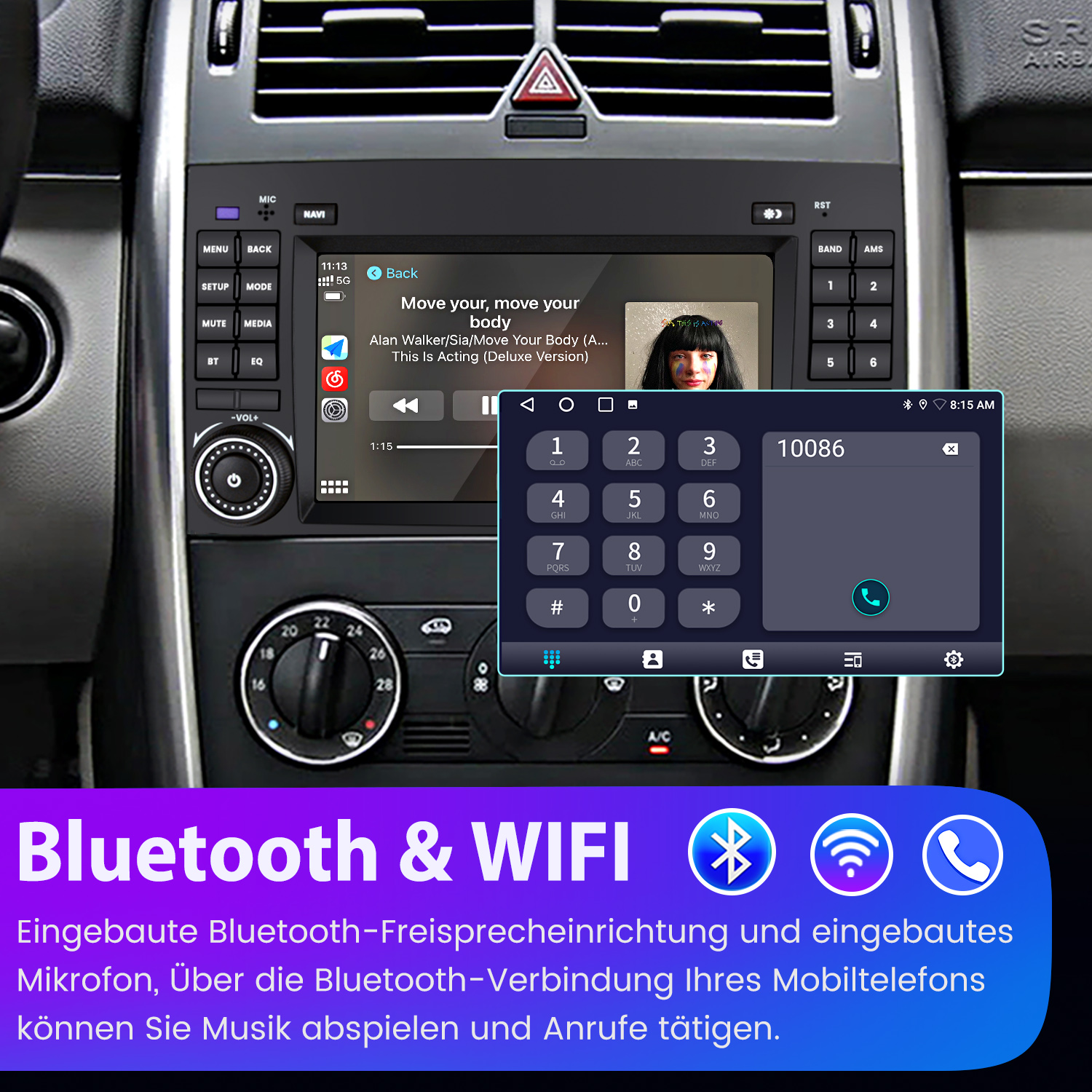 Autoradio mit Bildschirm, der Musik und eine Telefonschnittstelle anzeigt. Bluetooth- und WLAN-Logos.