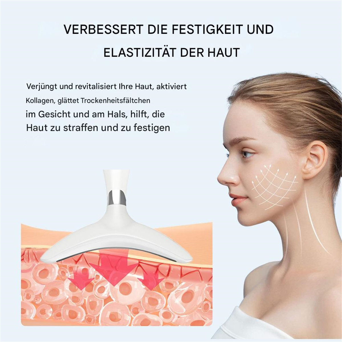 Das Gesicht und der Hals einer Frau mit einer Illustration von Hautschichten und einem Anti-Aging-Gerät.