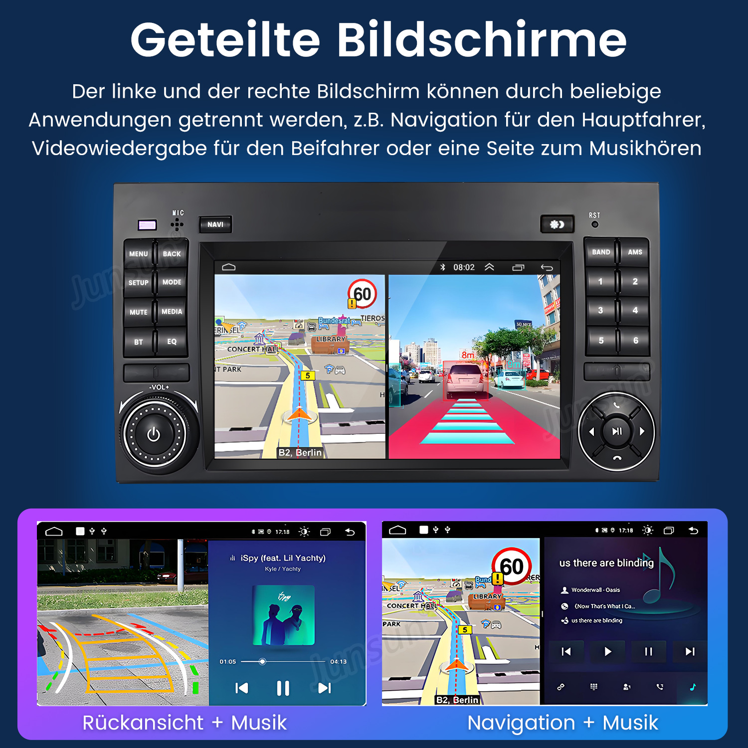 Auto-Armaturenbrett-Bildschirm mit Navigation und Musik, mit zwei geteilten Bildschirmen für Anwendungen.