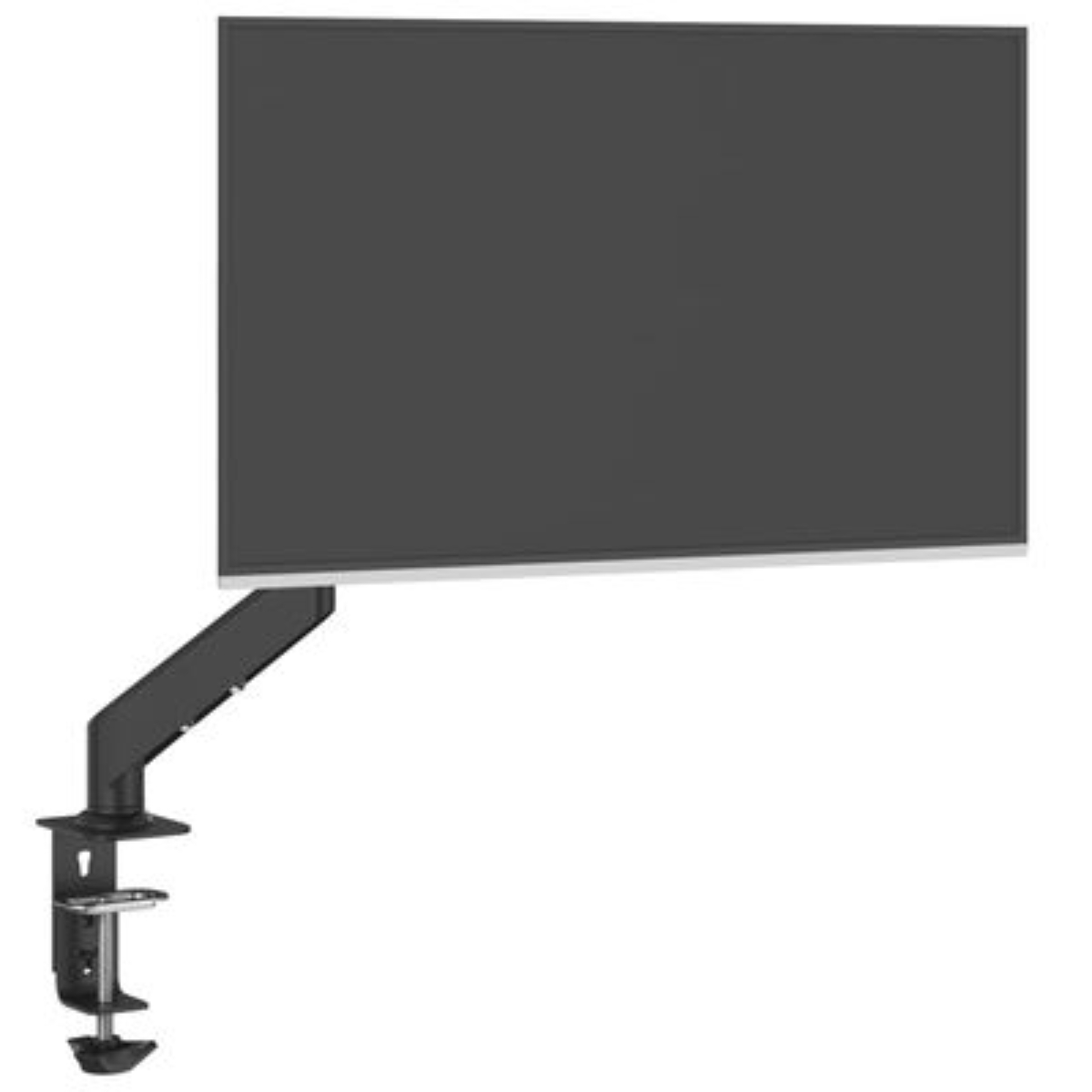 Ein großer schwarzer Computermonitor, der an einem Arm befestigt ist. Die Halterung ist an einem Schreibtisch befestigt.