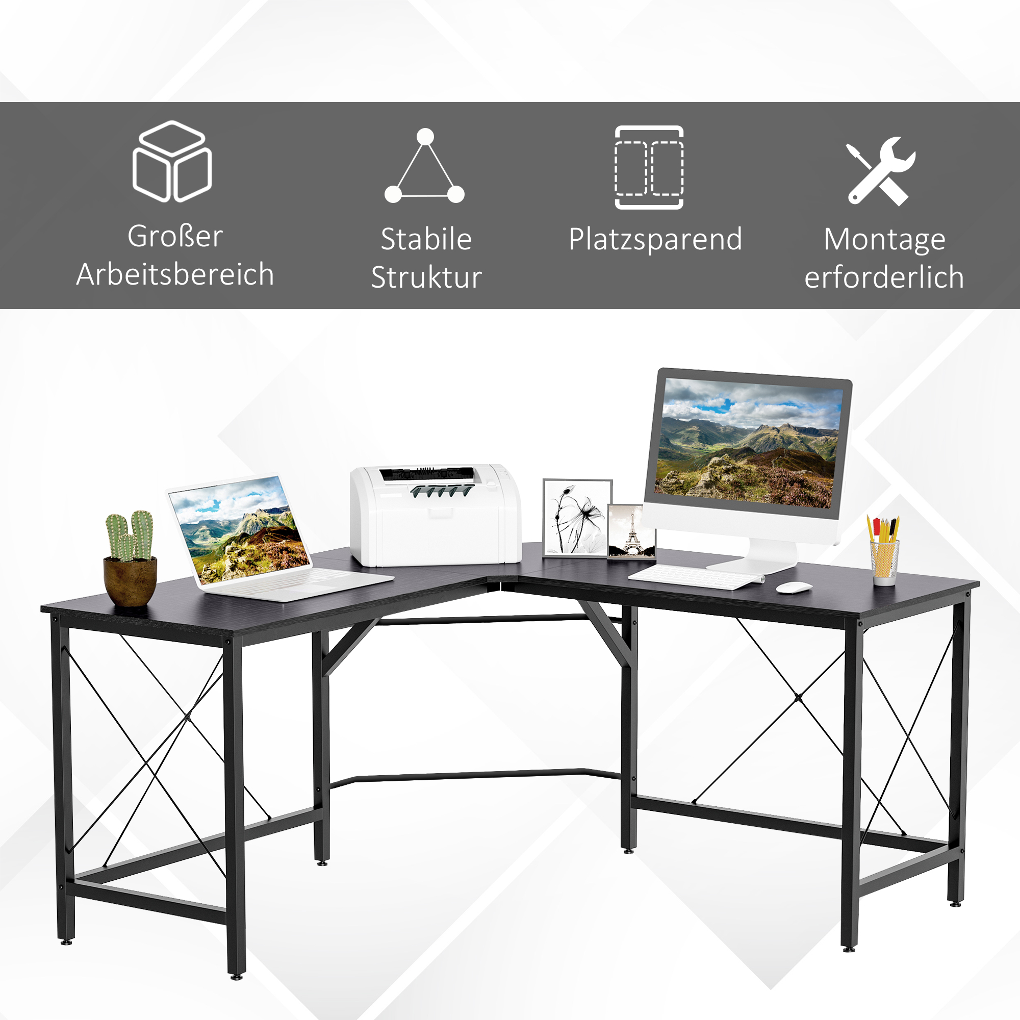 L-förmiger Schreibtisch mit Laptop, Drucker, Monitor und Zubehör. Ein Kaktus und Kunstwerk sind ebenfalls vorhanden.