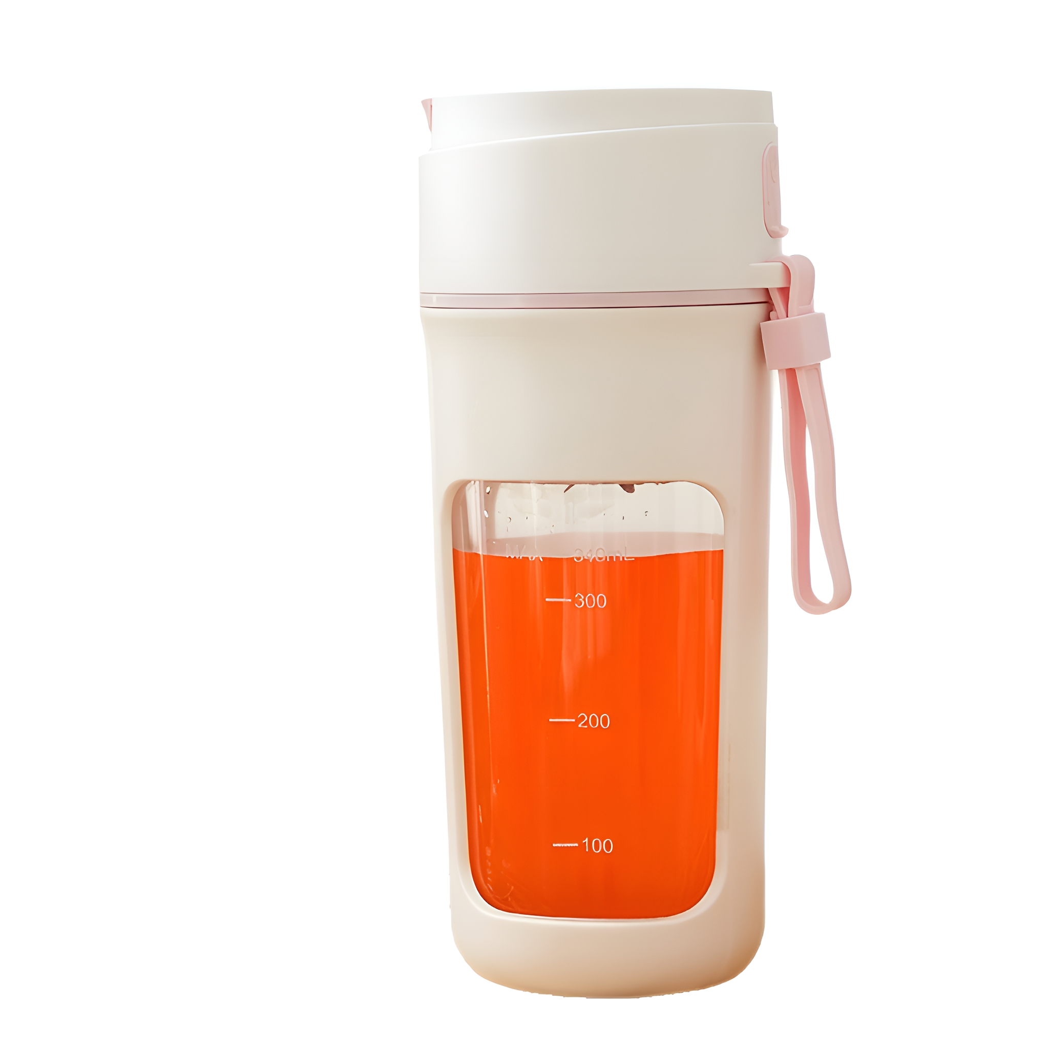Eine weiß-rosa Wasserflasche mit orangener Flüssigkeit. Der Hintergrund ist weiß.