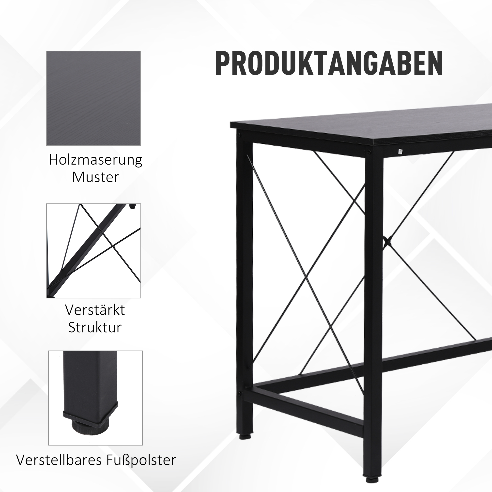 Schwarzer Schreibtisch mit Metallbeinen und Holzmaserung, Details der Konstruktion werden gezeigt.