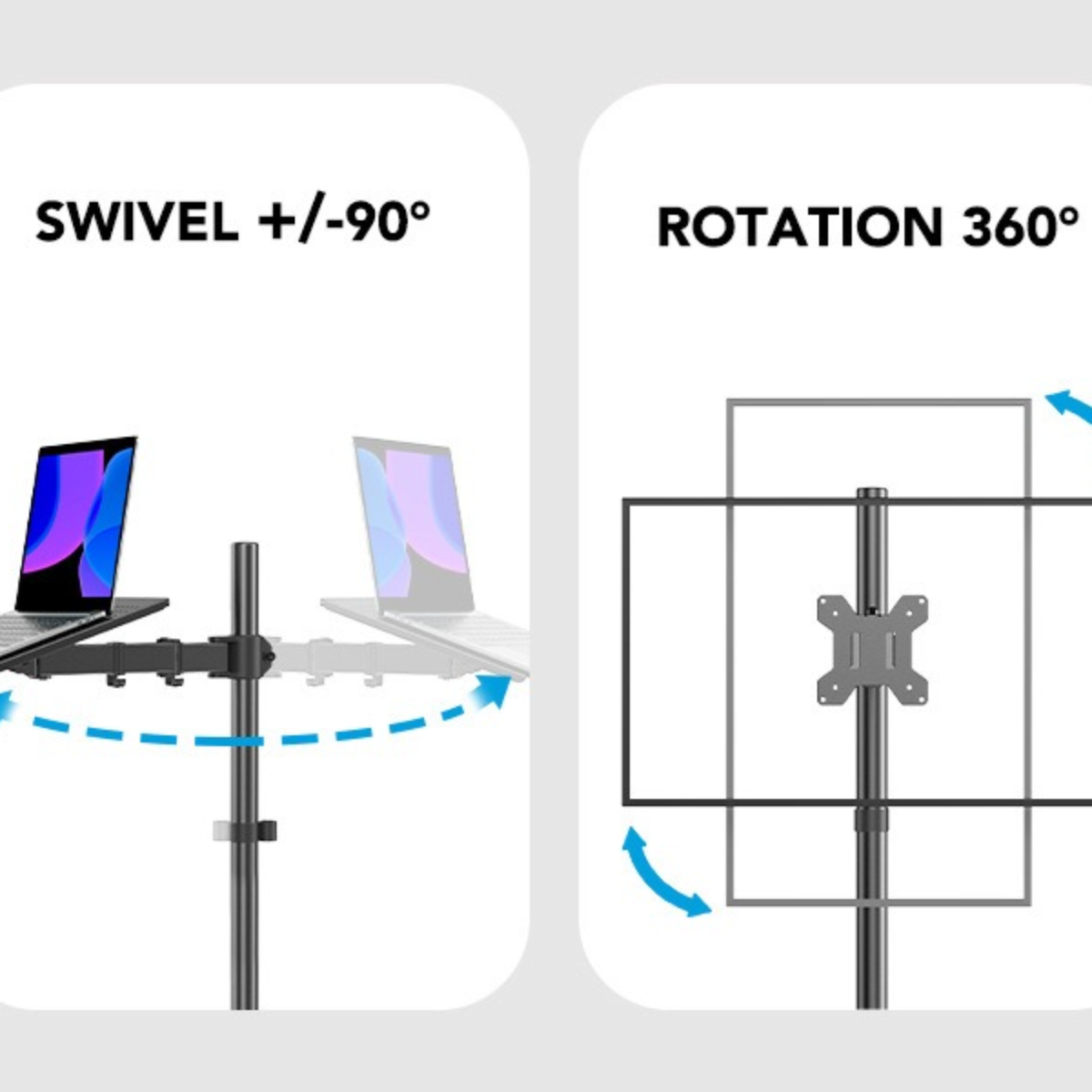 Zwei Illustrationen von Monitorständern, die Schwenk- und Drehfunktionen mit einem Laptop zeigen.