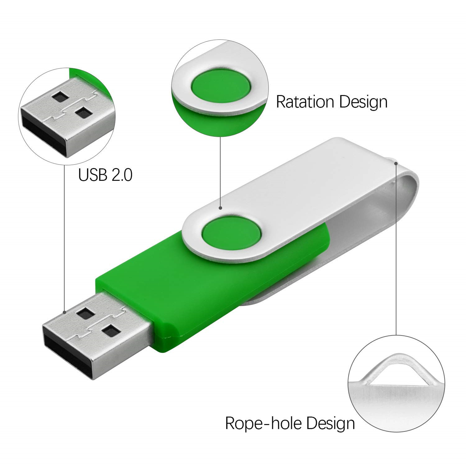 Ein grüner USB-Stick mit silbernem Metallgehäuse und beschrifteten Details.
