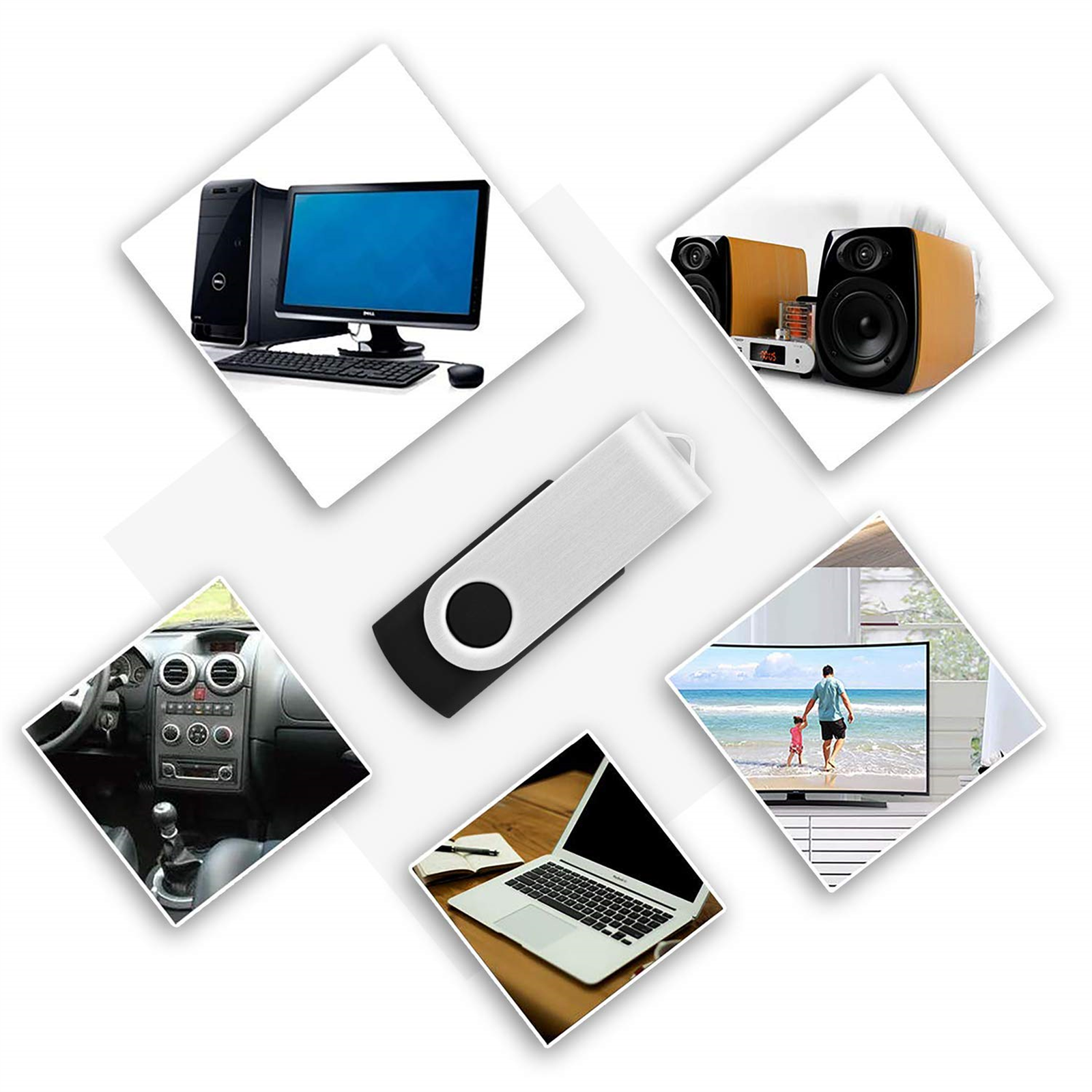USB-Stick, umgeben von Bildern eines Computers, Lautsprechern, eines Laptops und eines Fernsehers.