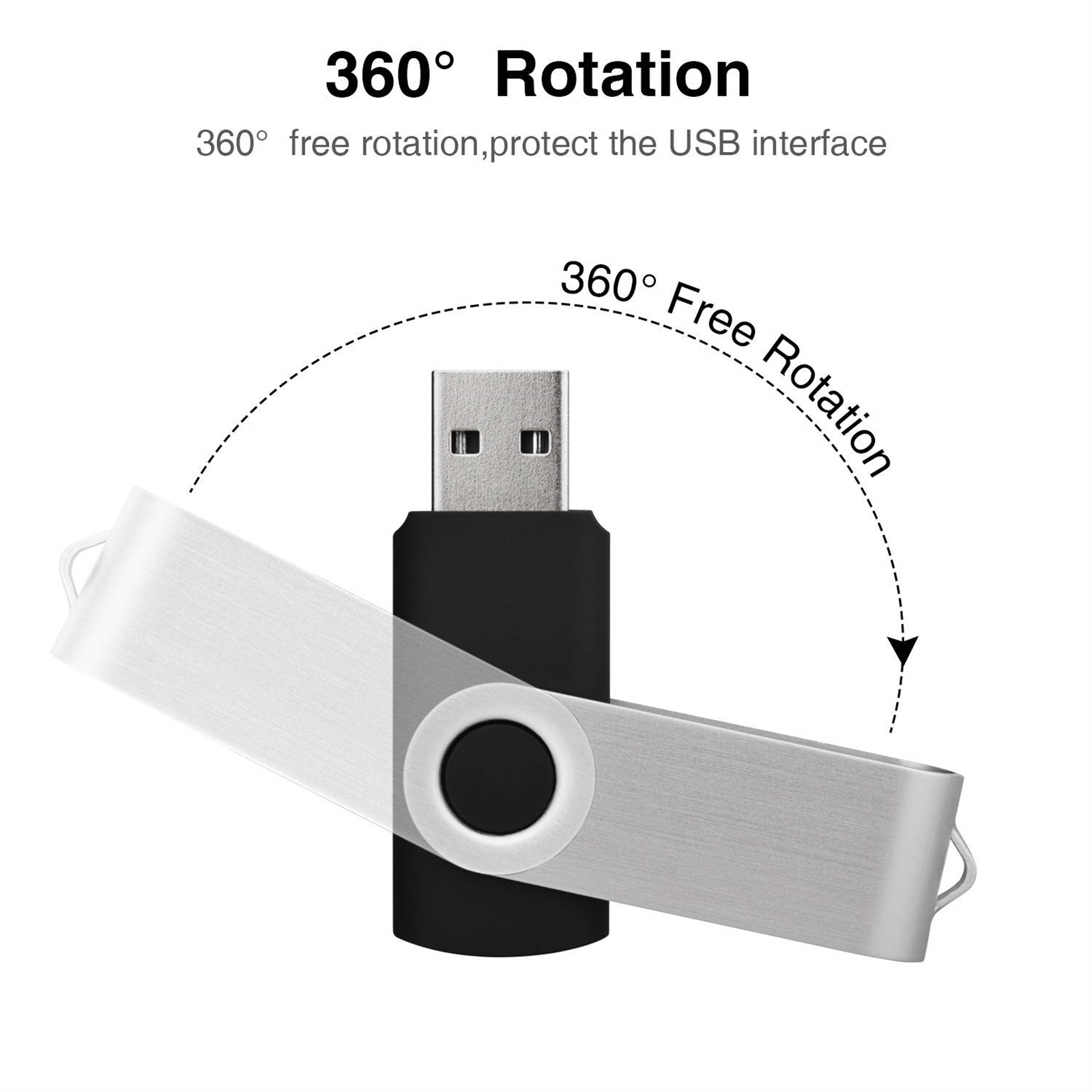 Silberner USB-Stick mit schwarzer Mitte. Der Text sagt 360-Grad-Drehung zum Schutz der Schnittstelle.