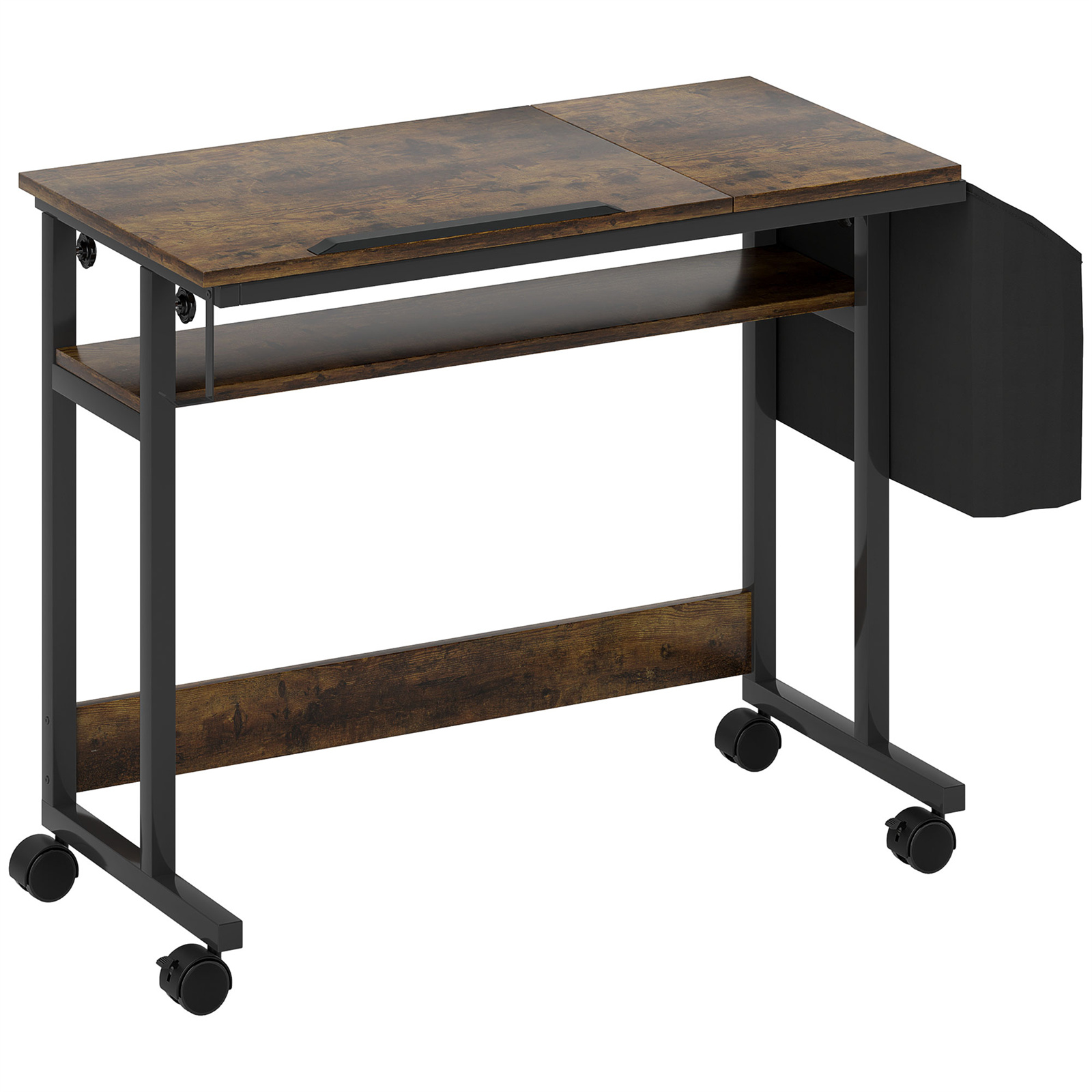 Brauner und schwarzer Rollschreibtisch mit Ablage und seitlicher Aufbewahrung. Der Schreibtisch hat schwarze Räder.