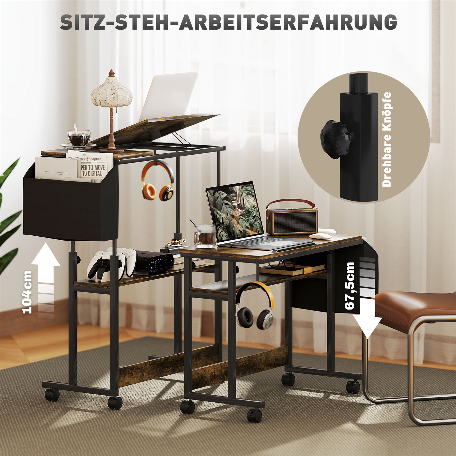 Steh-Sitz-Schreibtisch mit Laptop, Kopfhörern und anderen Gegenständen. Brauner Schreibtisch mit Rädern und höhenverstellbar.