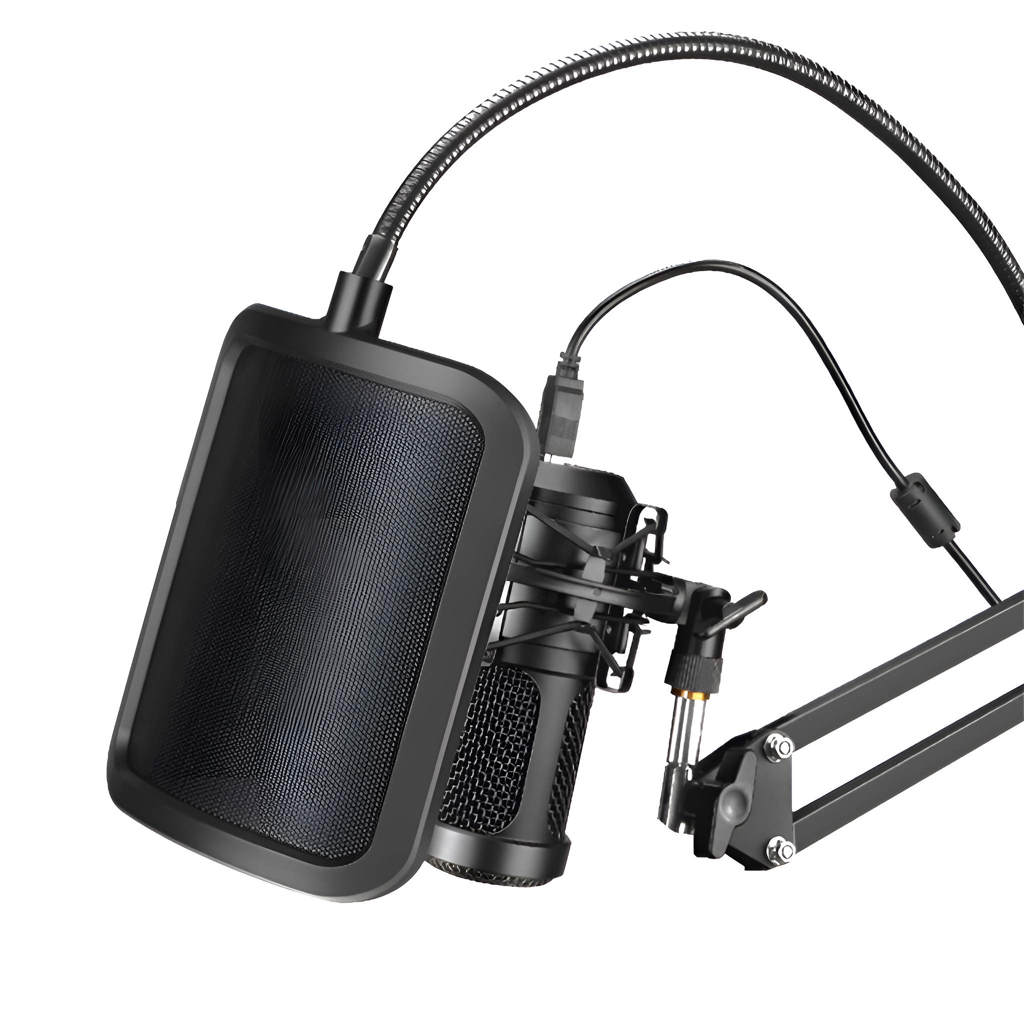Ein schwarzes Mikrofon mit Pop-Filter und flexiblem Arm. Weißer Hintergrund.